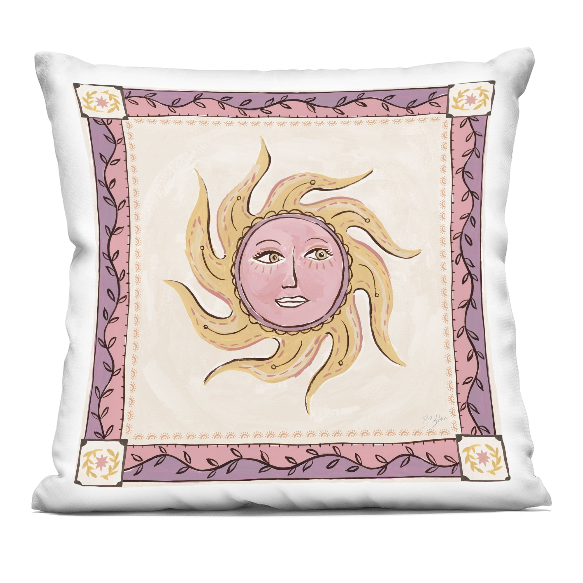 Stupell Industries Pink Sun Face with Leaf Border Decorative Printed Throw Pillow, design by Two If By Sea Studios, 18 x 7 x 18