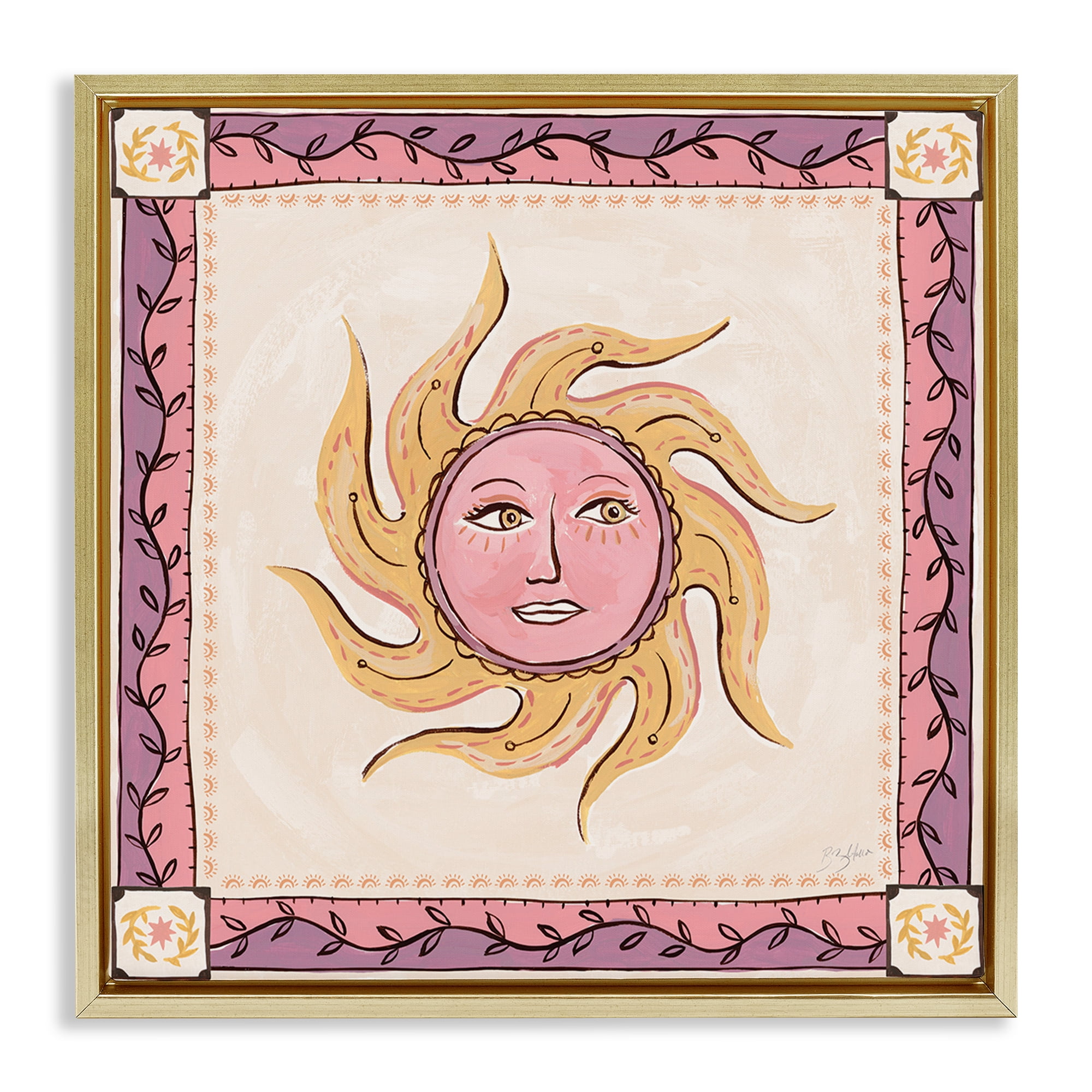 Stupell Industries Pink Sun Face with Leaf Border Gold Framed Floater Canvas Wall Art, design by Two If By Sea Studios