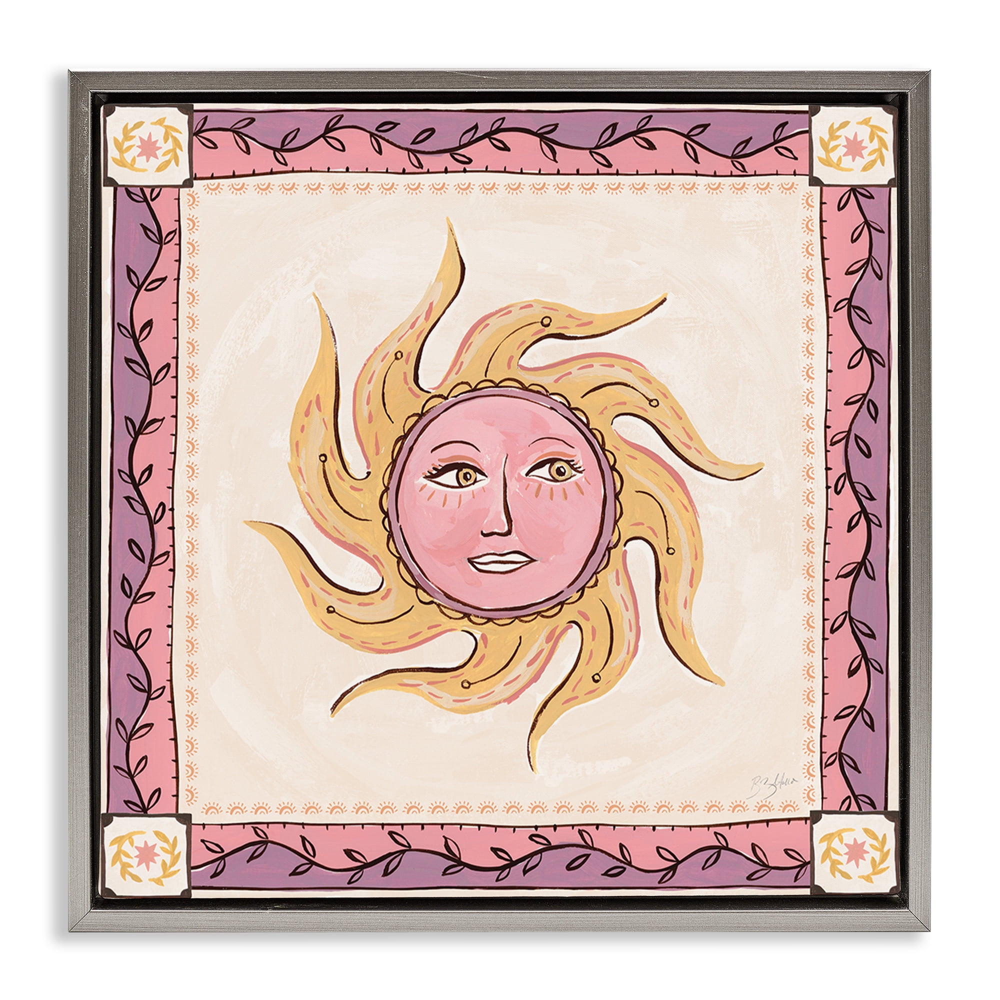 Stupell Industries Pink Sun Face with Leaf Border Gray Framed Floater Canvas Wall Art, design by Two If By Sea Studios