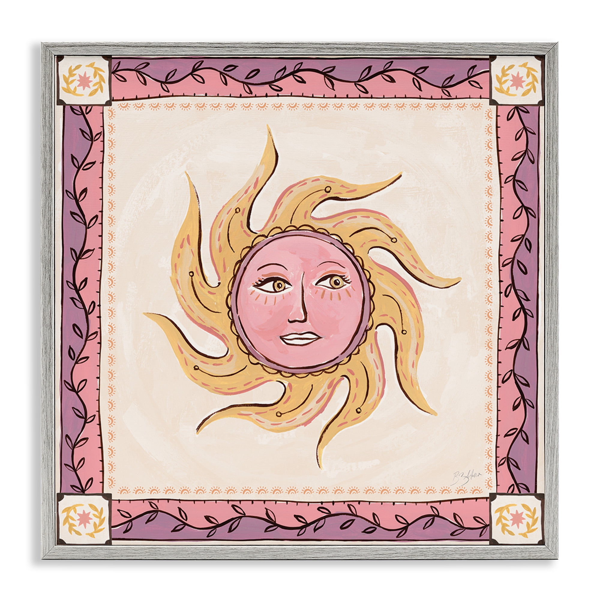 Stupell Industries Pink Sun Face with Leaf Border Gray Framed Giclee Art, design by Two If By Sea Studios