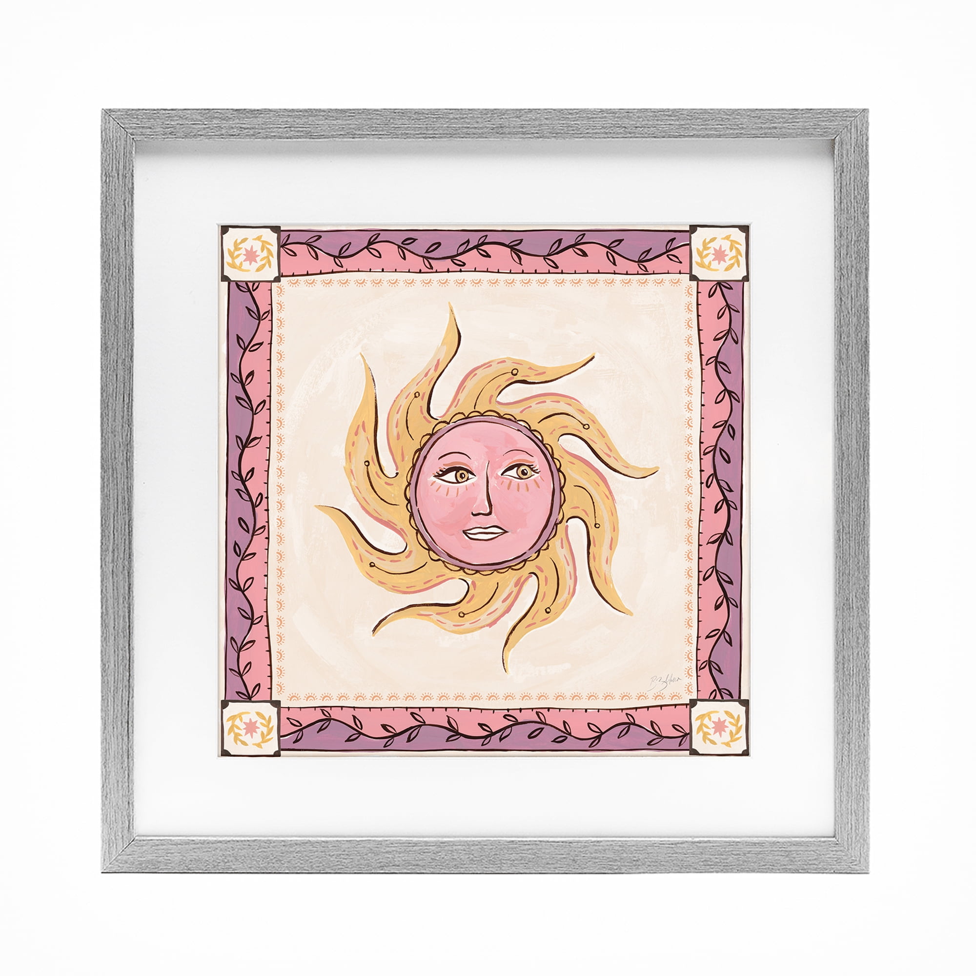 Stupell Industries Pink Sun Face with Leaf Border Gray Framed Print Under Glass, design by Two If By Sea Studios