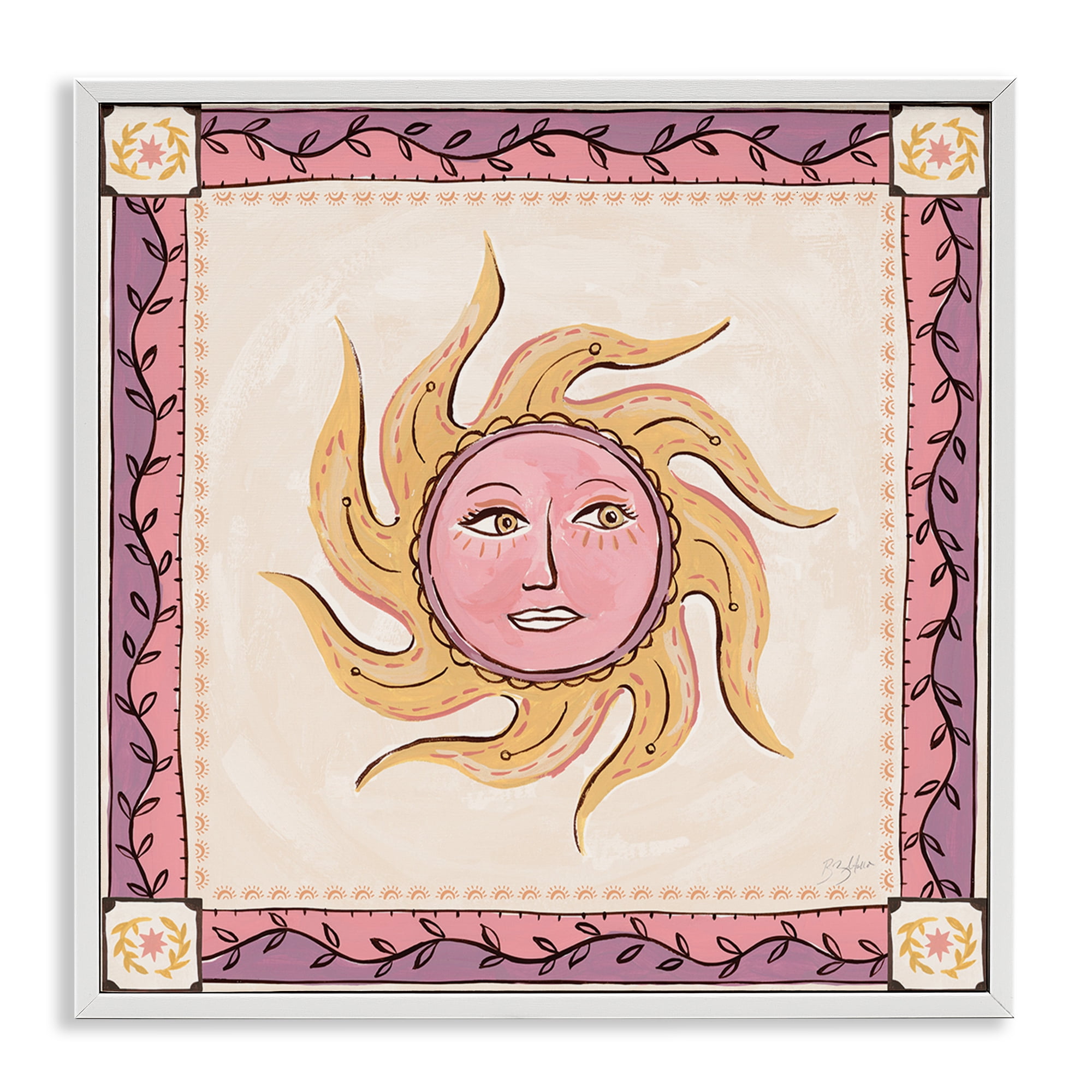 Stupell Industries Pink Sun Face with Leaf Border White Framed Giclee Art, design by Two If By Sea Studios