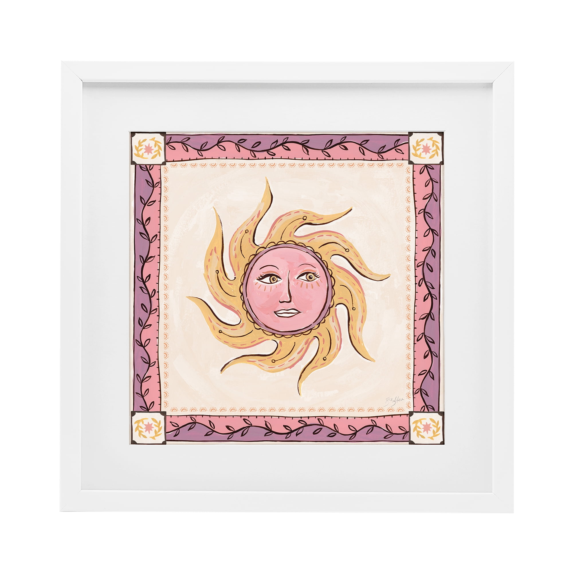 Stupell Industries Pink Sun Face with Leaf Border White Framed Print Under Glass, design by Two If By Sea Studios