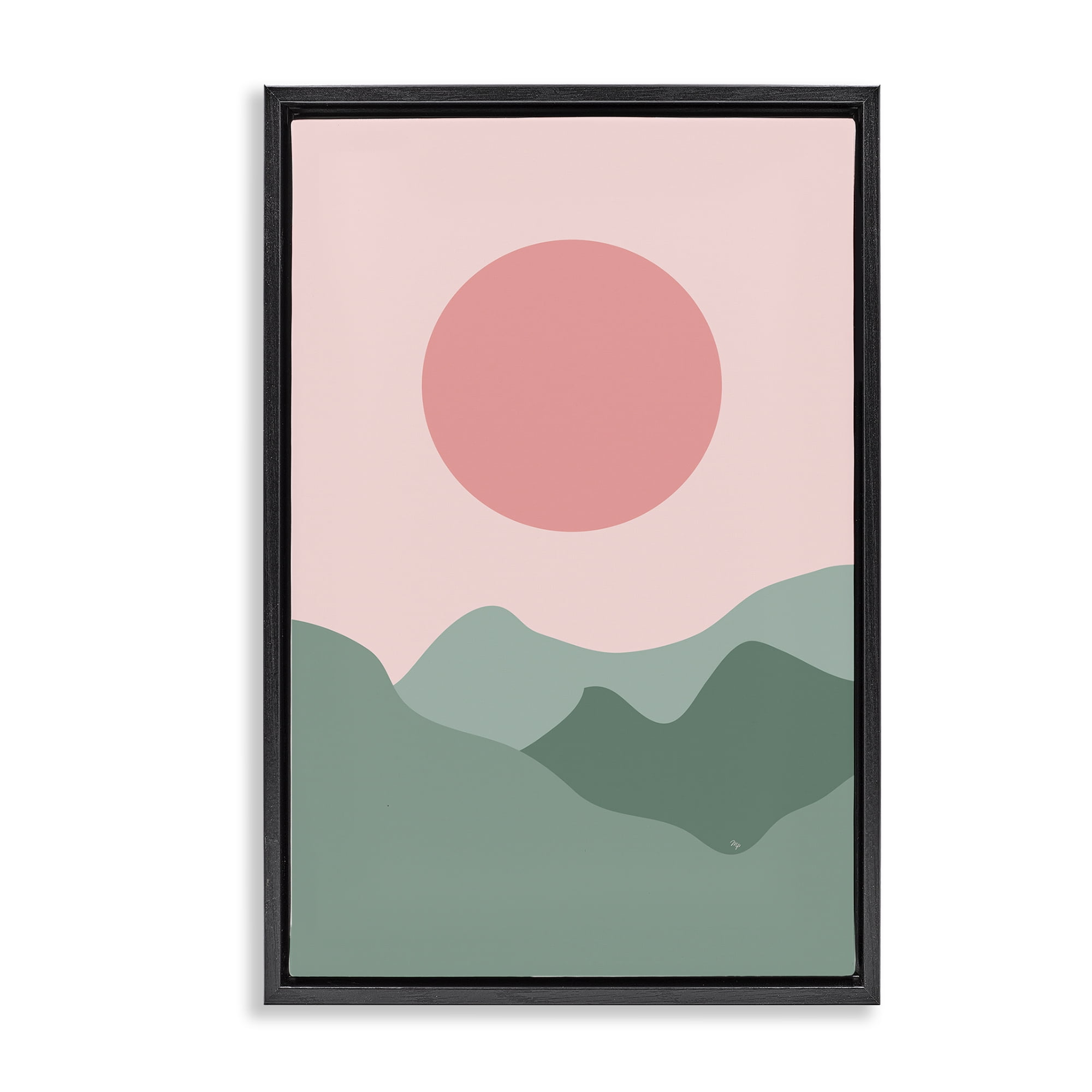 Stupell Industries Pink Sun Green Mountains Landscape & Nature Painting Black Floater Framed Canvas Art Print Wall Art, 17 x 25