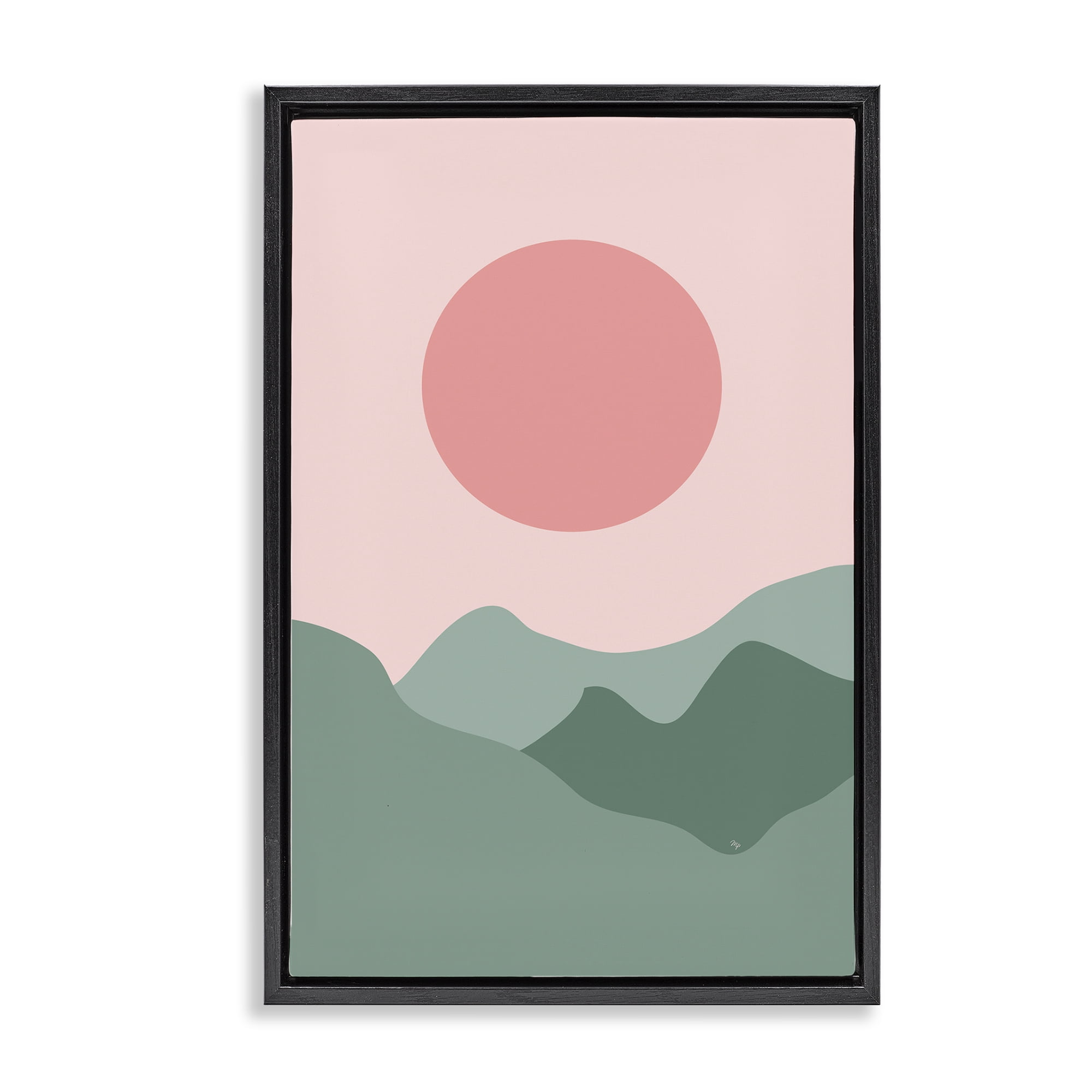 Stupell Industries Pink Sun Green Mountains Landscape & Nature Painting Black Floater Framed Canvas Art Print Wall Art, 21 x 31
