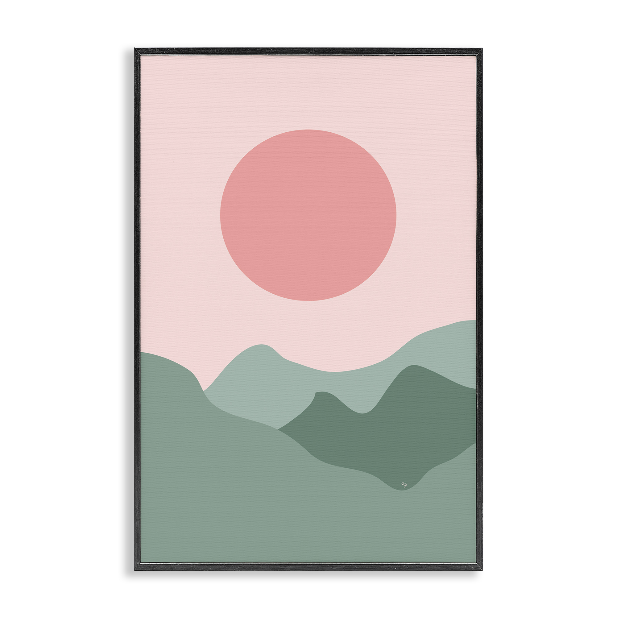 Stupell Industries Pink Sun Green Mountains Landscape & Nature Painting Black Framed Art Print Wall Art, 12 x 18
