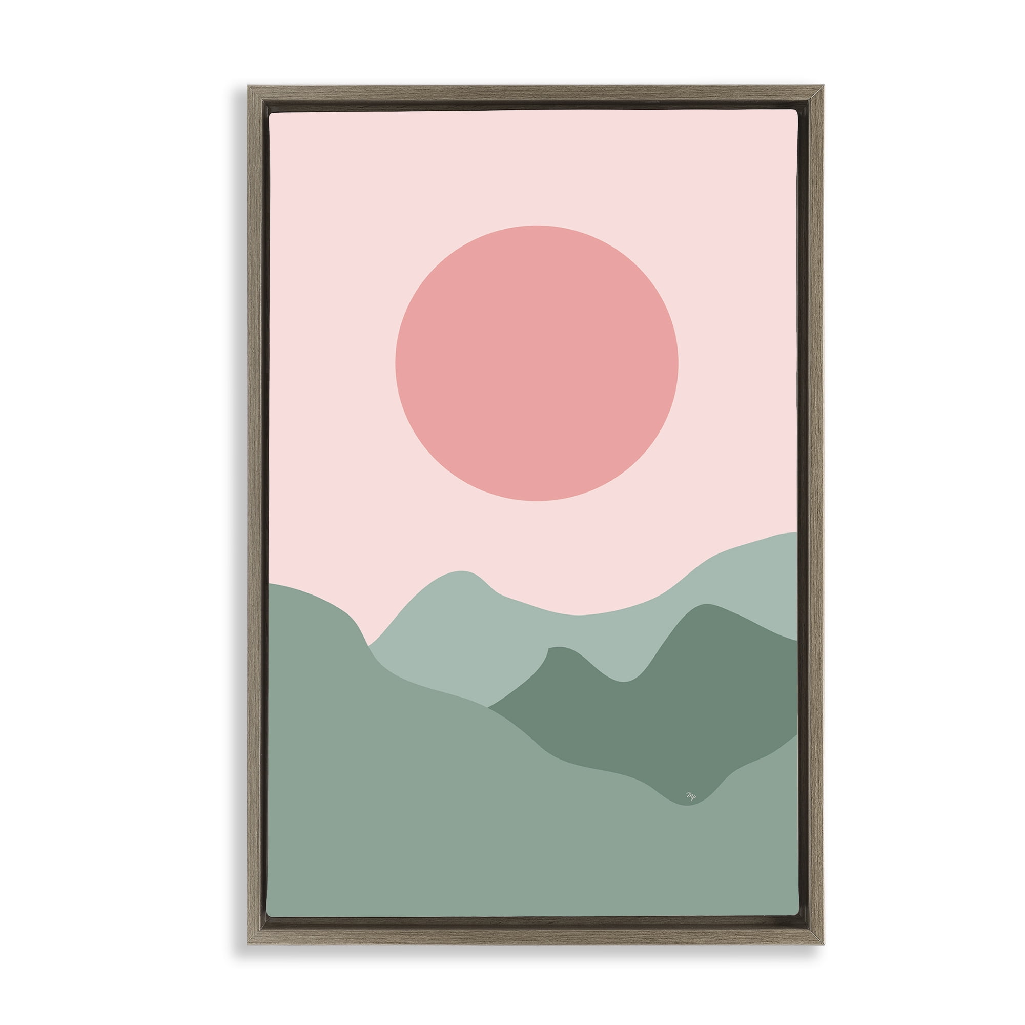 Stupell Industries Pink Sun Green Mountains Landscape & Nature Painting Brown Floater Framed Canvas Art Print Wall Art, 21 x 31