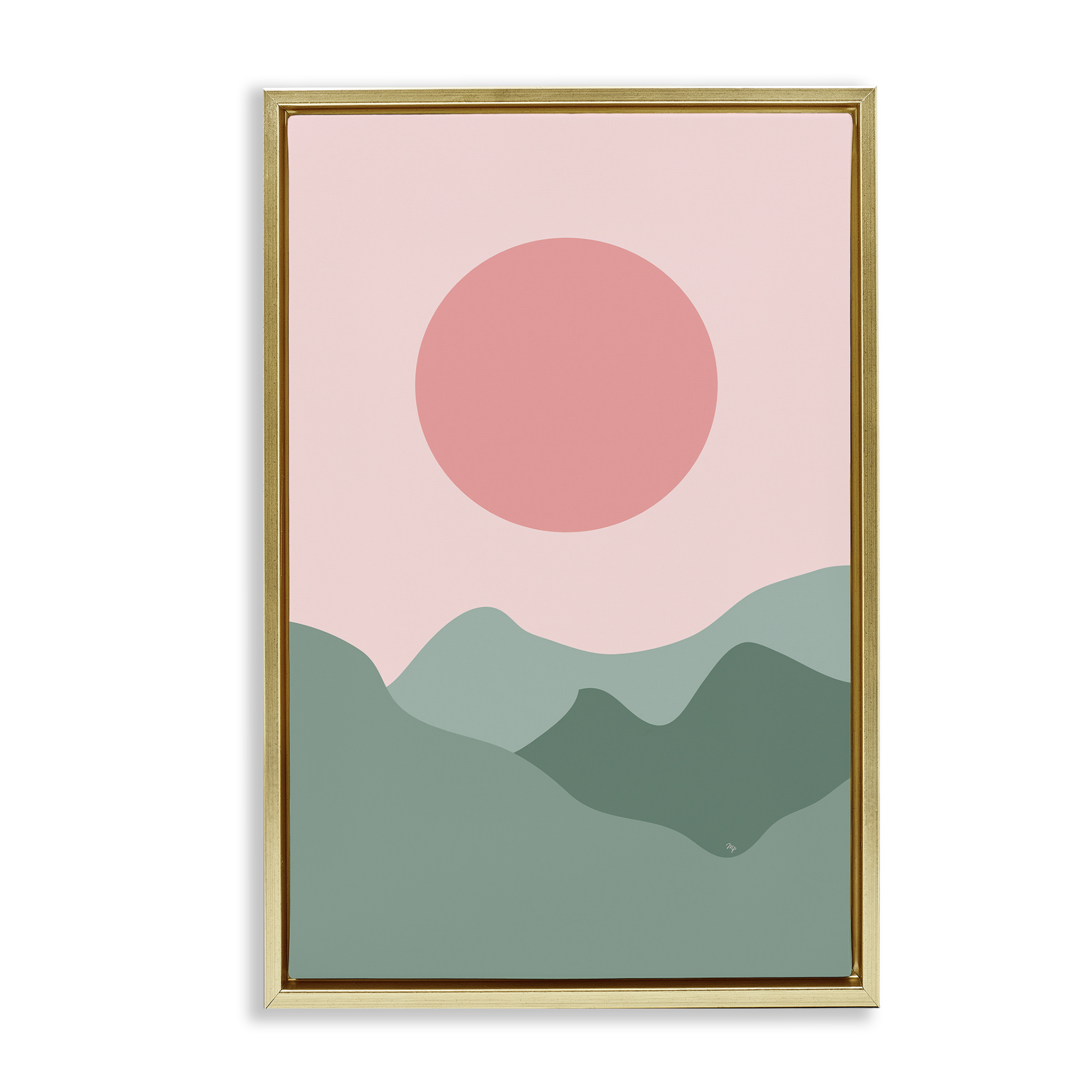 Stupell Industries Pink Sun Green Mountains Landscape & Nature Painting Gold Floater Framed Canvas Art Print Wall Art, 17 x 25