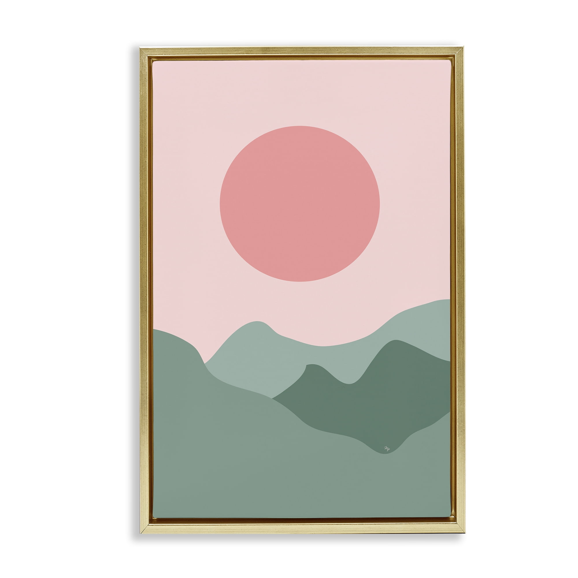 Stupell Industries Pink Sun Green Mountains Landscape & Nature Painting Gold Floater Framed Canvas Art Print Wall Art, 21 x 31