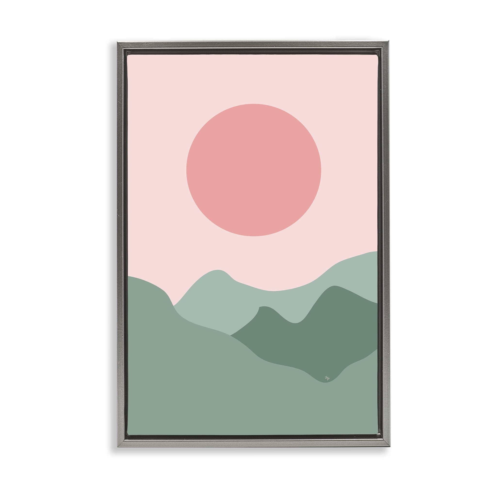 Stupell Industries Pink Sun Green Mountains Landscape & Nature Painting Gray Floater Framed Canvas Art Print Wall Art, 21 x 31