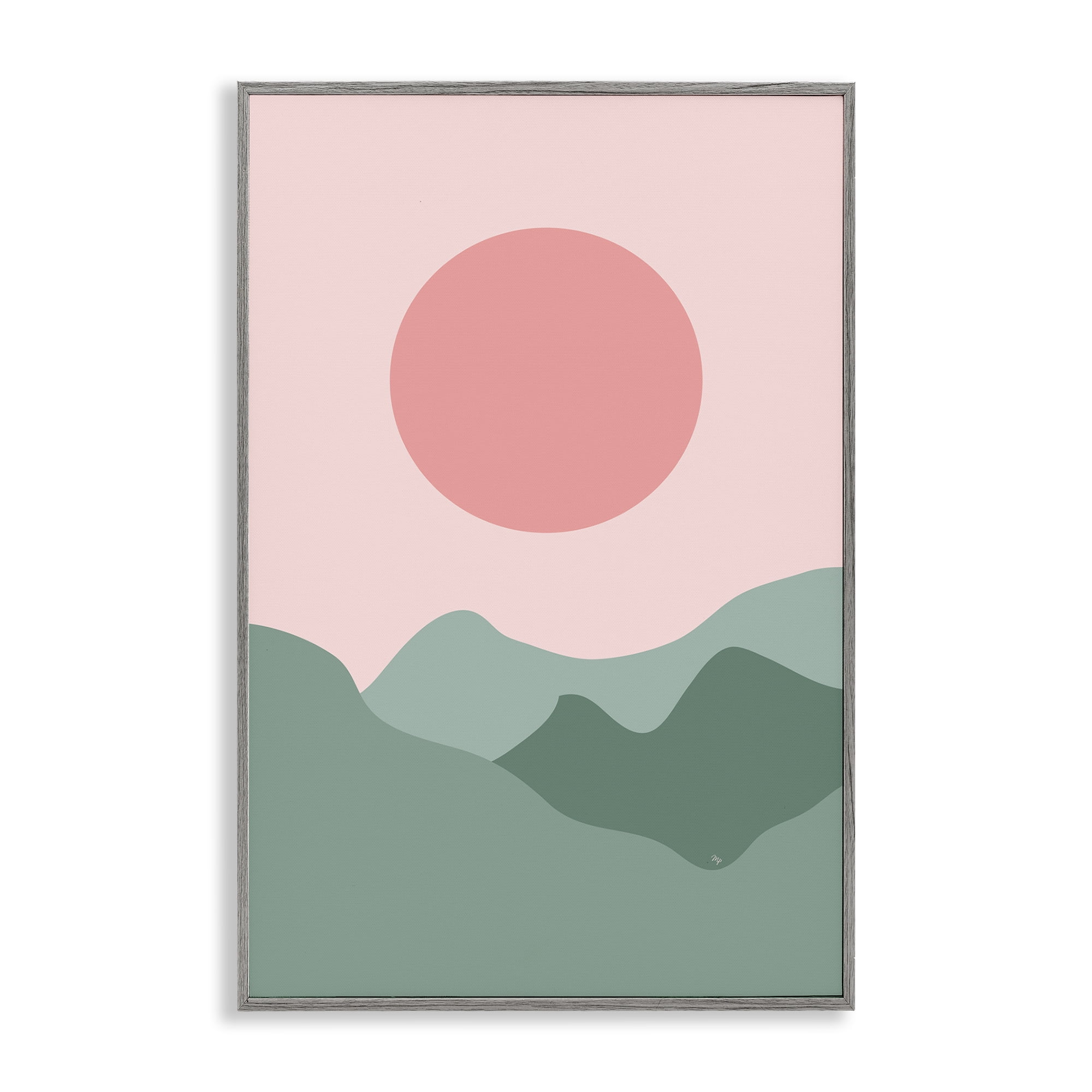 Stupell Industries Pink Sun Green Mountains Landscape & Nature Painting Gray Framed Art Print Wall Art, 16 x 24