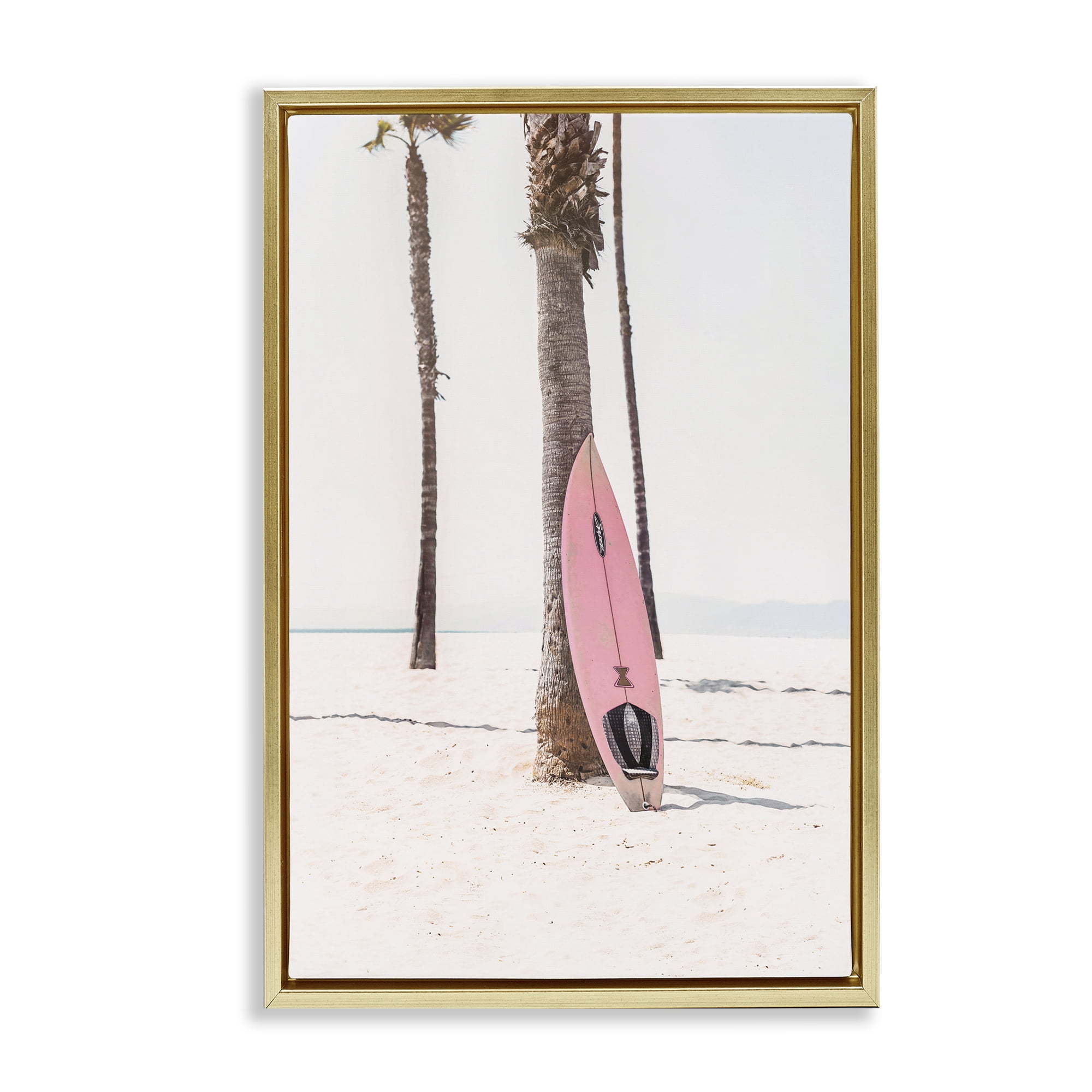 Stupell Industries Pink Surf Board Coastal Photography Gold Floater Framed Canvas Art Print Wall Art, 21 x 31