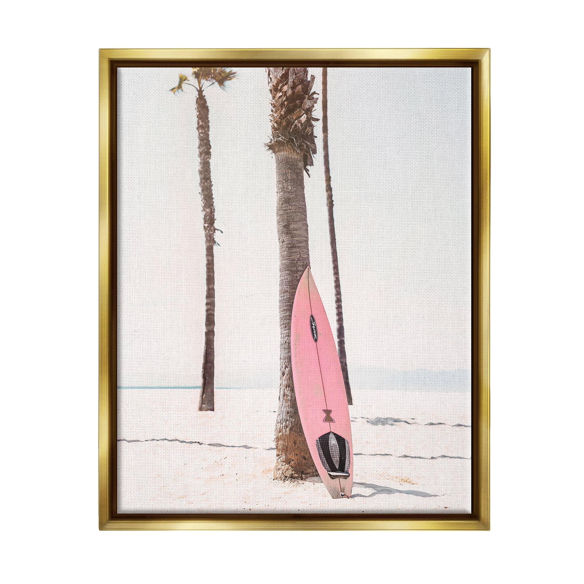 Stupell Industries Pink Surfboard on Coast Nature Photography Gold Floater Framed Art Print Wall Art, 25 x 31