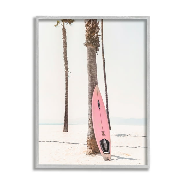 Stupell Industries Pink Surfboard on Coast Nature Photography Gray Framed Art Print Wall Art, 11 x 14
