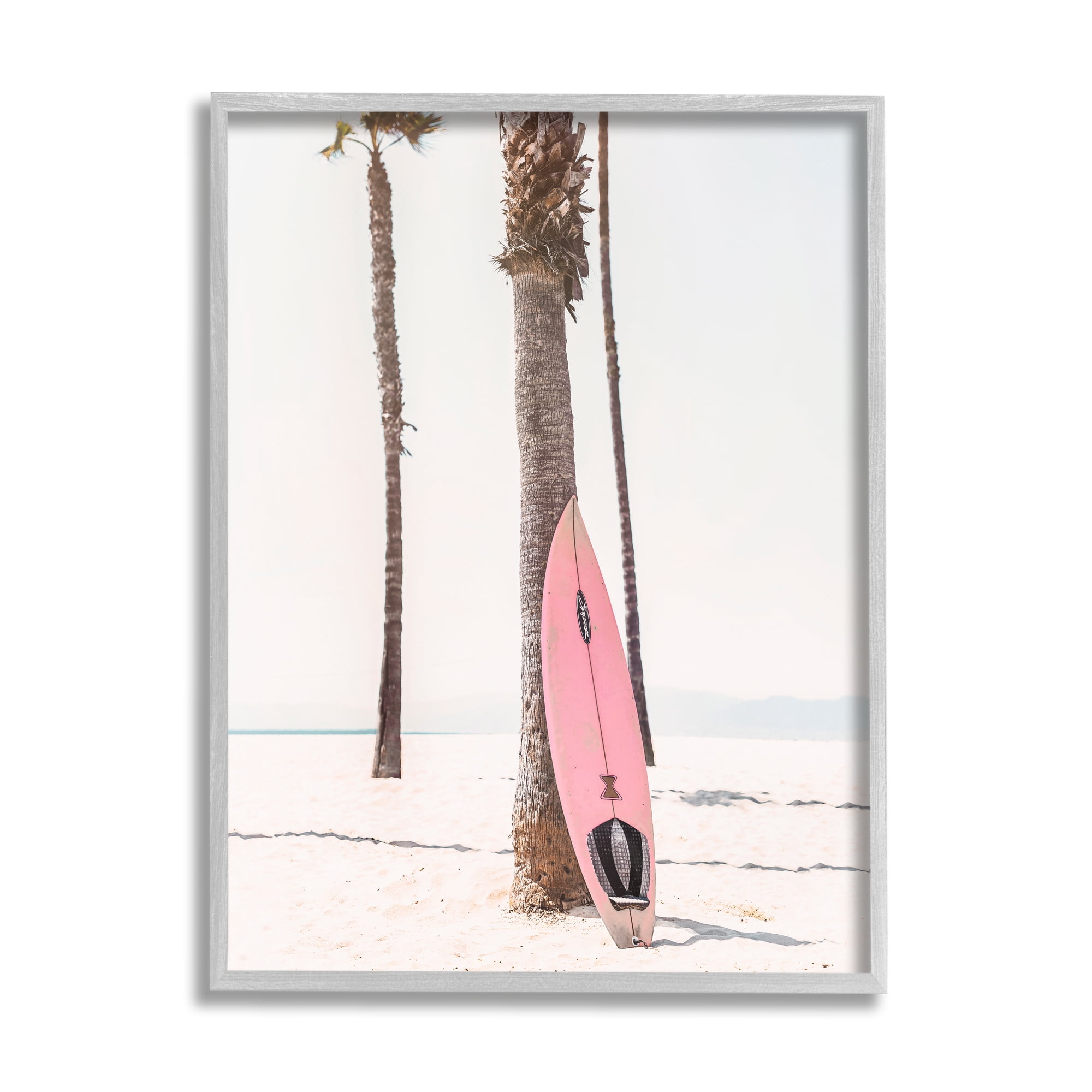 Stupell Industries Pink Surfboard on Coast Nature Photography Gray Framed Art Print Wall Art, 16 x 20