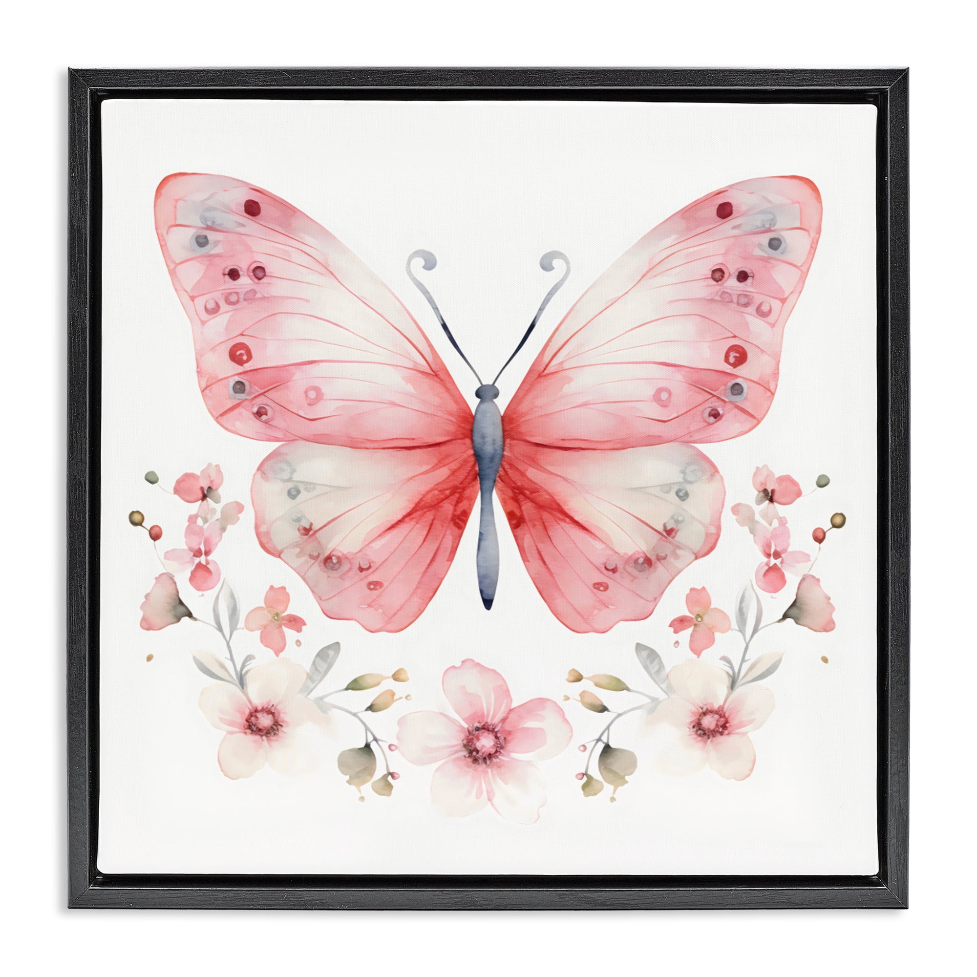 Stupell Industries Pink Symmetrical Butterfly Florals Black Framed Floater Canvas Wall Art, design by Creative Studio
