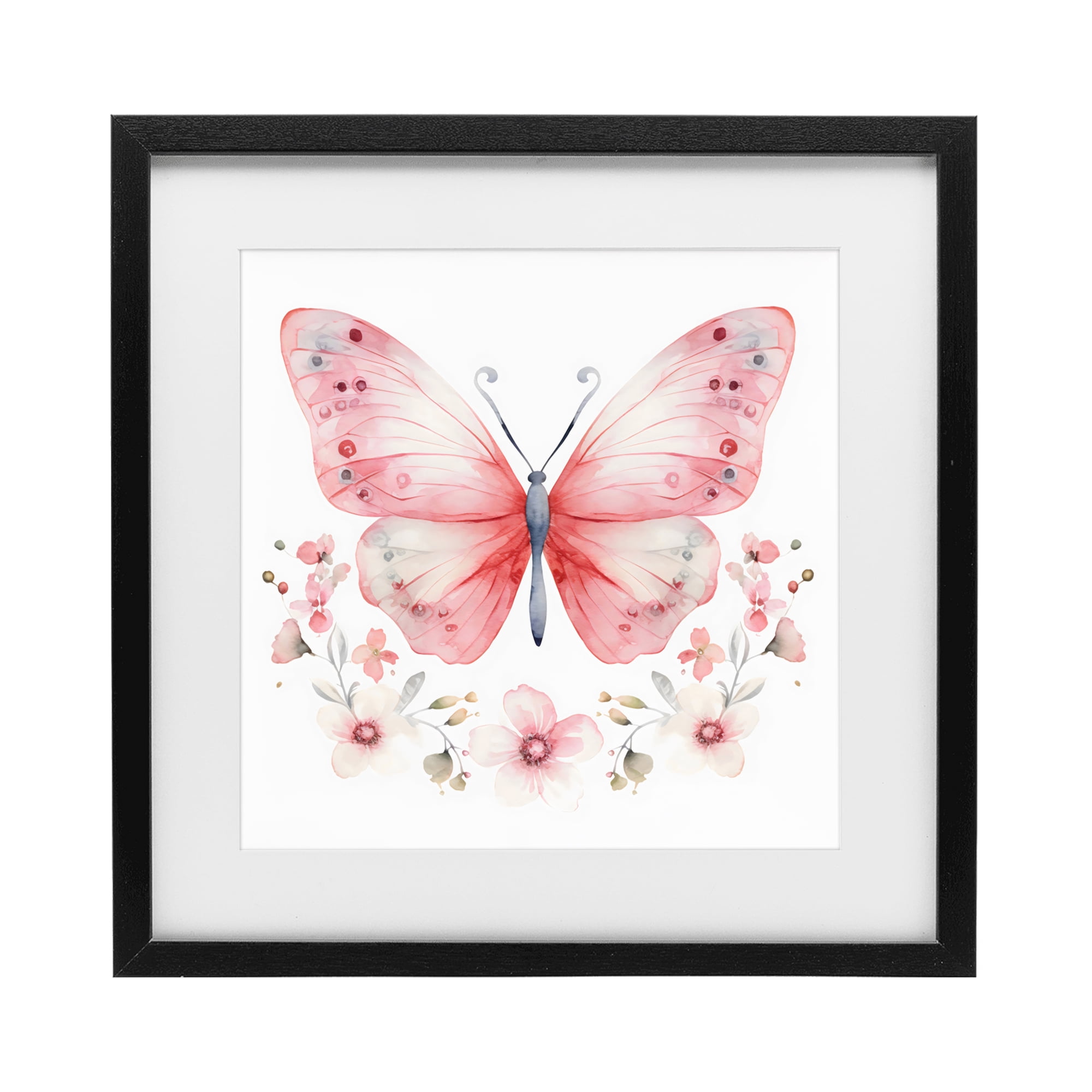 Stupell Industries Pink Symmetrical Butterfly Florals Black Framed Print Under Glass, design by Creative Studio
