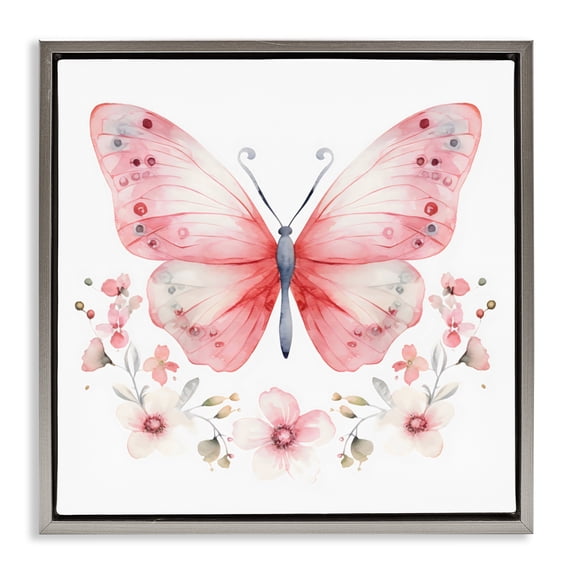 Stupell Industries Bohemian Pink Symmetrical Butterfly Florals Gray Floating Frame Canvas Art, 18 x 18, by Creative Studio