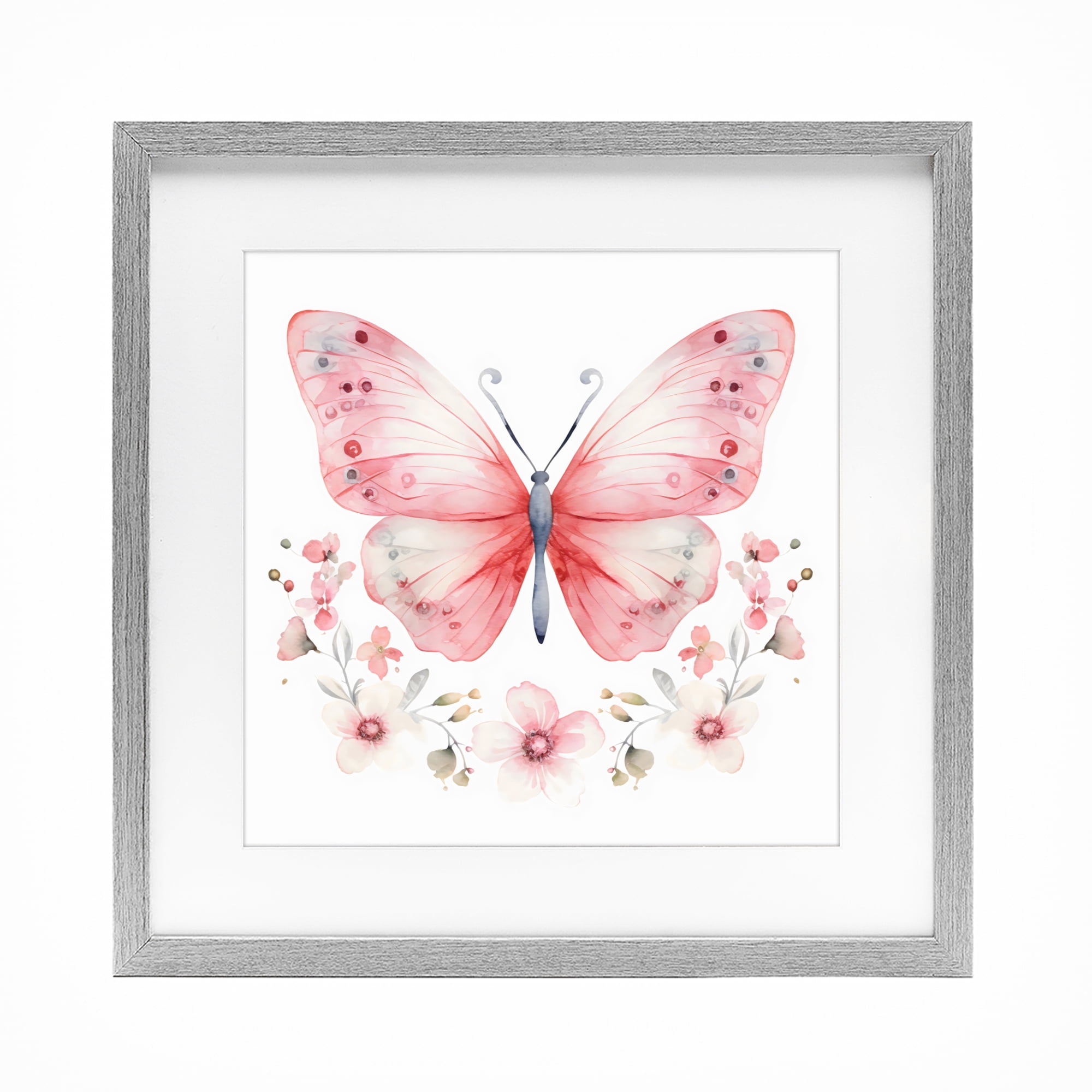 Stupell Industries Pink Symmetrical Butterfly Florals Gray Framed Print Under Glass, design by Creative Studio