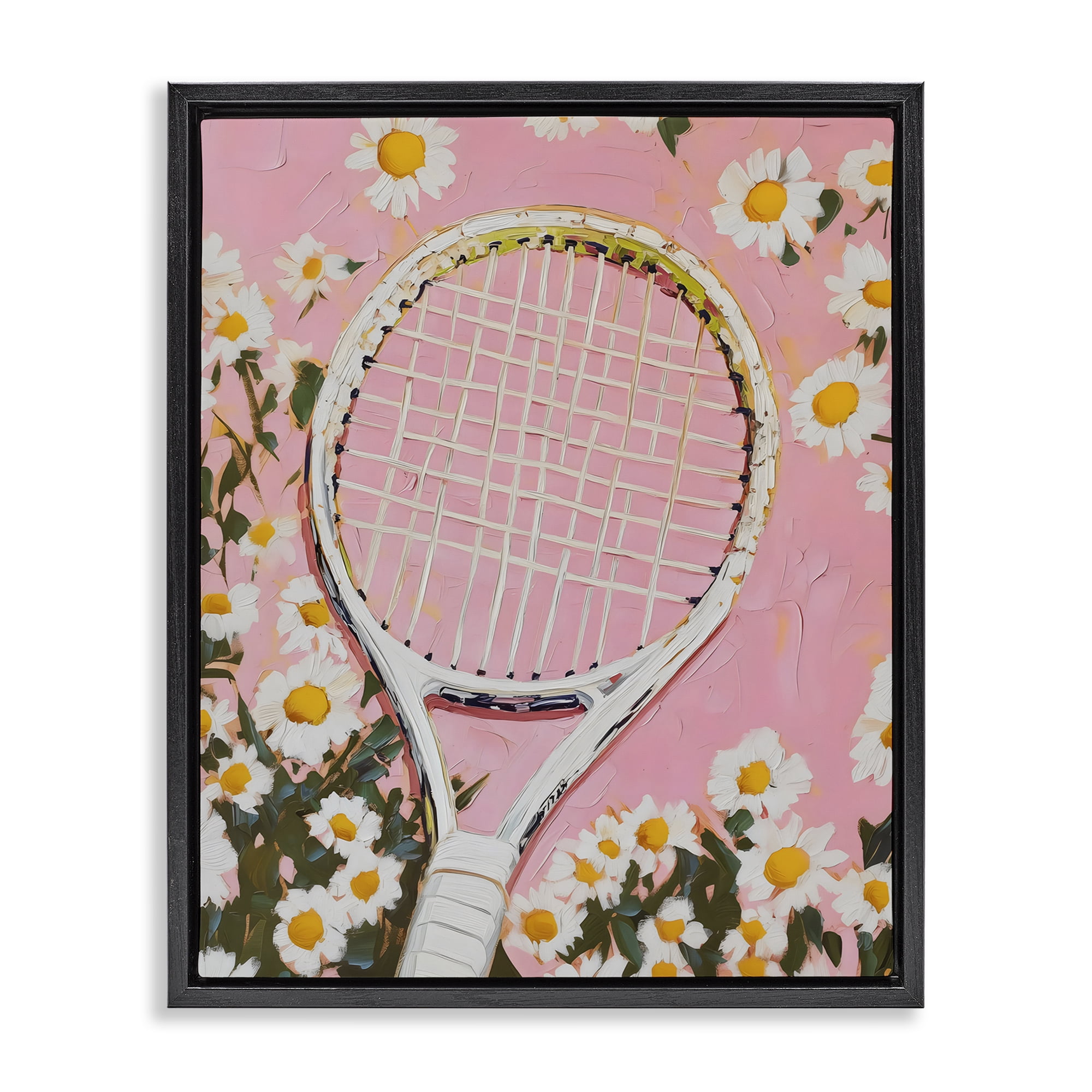 Stupell Industries Pink Tennis Racket & Daisies Black Framed Floater Canvas Wall Art, design by LSR Design Studio