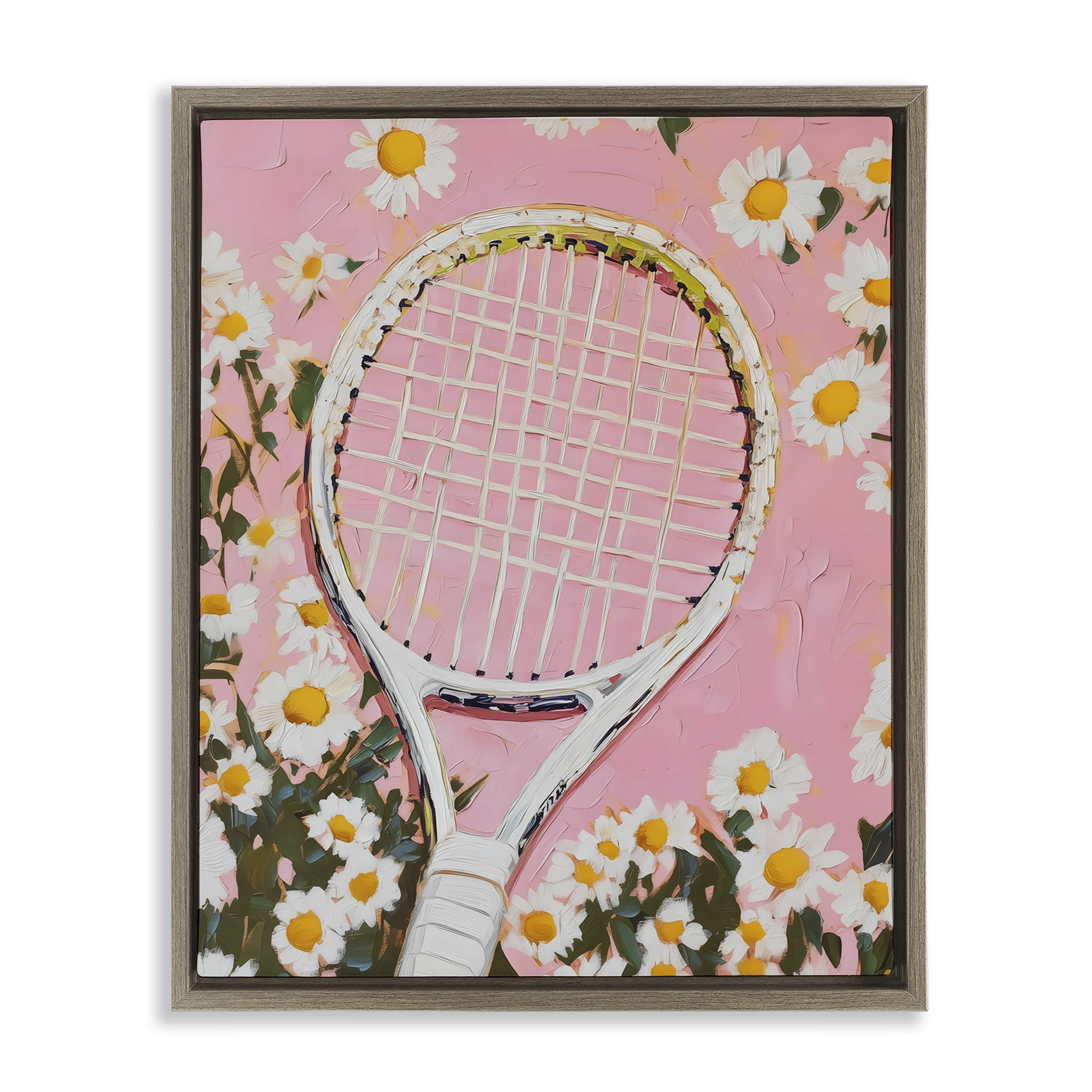 Stupell Industries Pink Tennis Racket & Daisies Brown Framed Floater Canvas Wall Art, design by LSR Design Studio