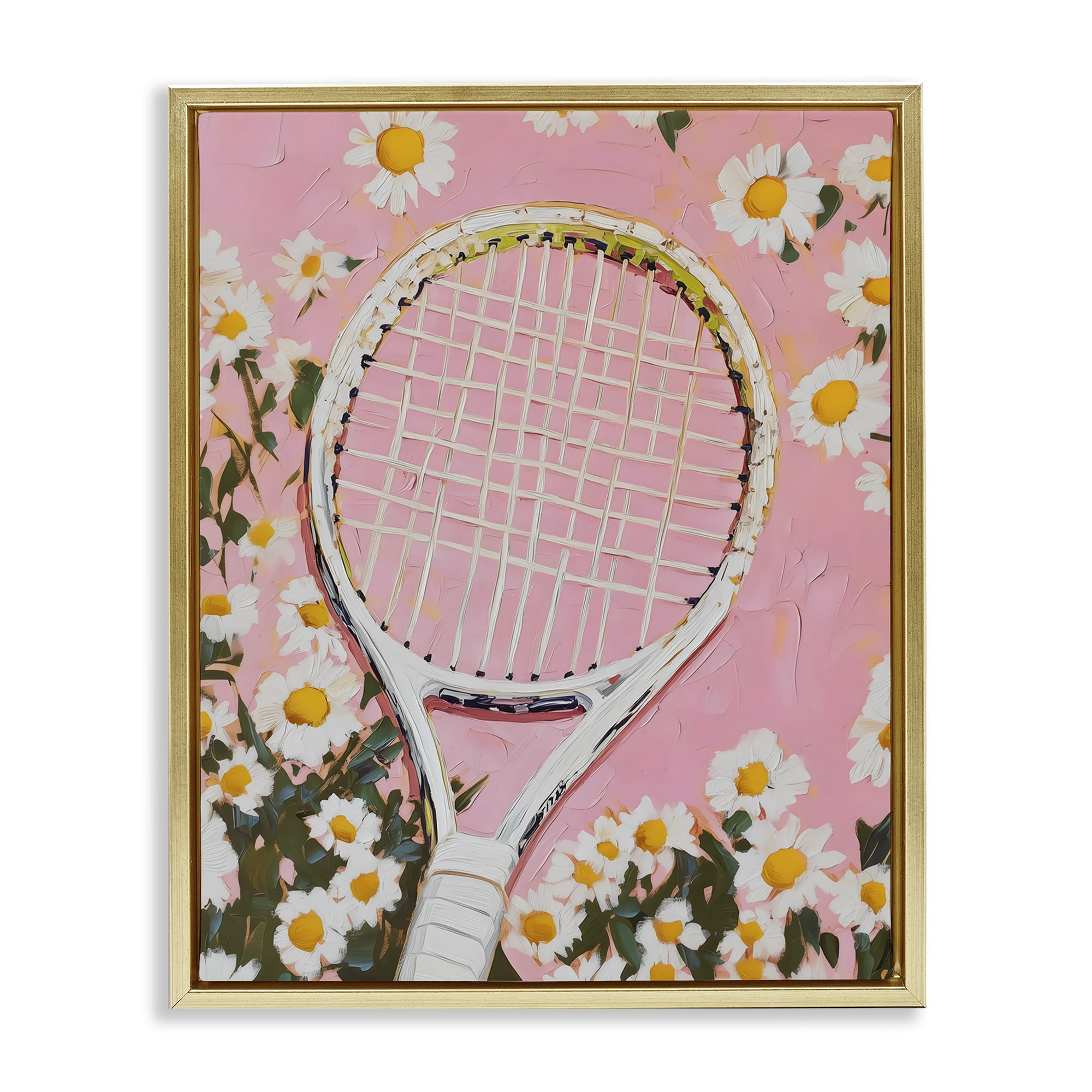 Stupell Industries Pink Tennis Racket & Daisies Gold Framed Floater Canvas Wall Art, design by LSR Design Studio