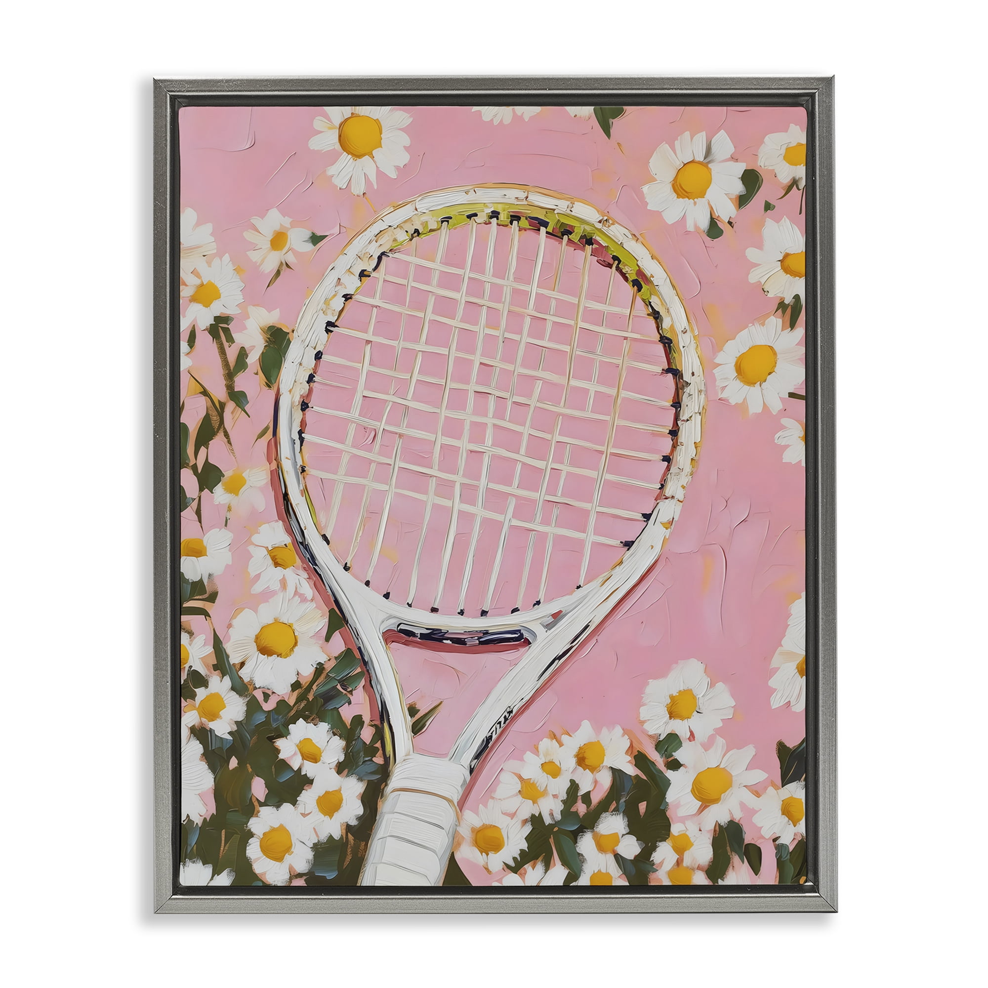 Stupell Industries Pink Tennis Racket & Daisies Gray Framed Floater Canvas Wall Art, design by LSR Design Studio