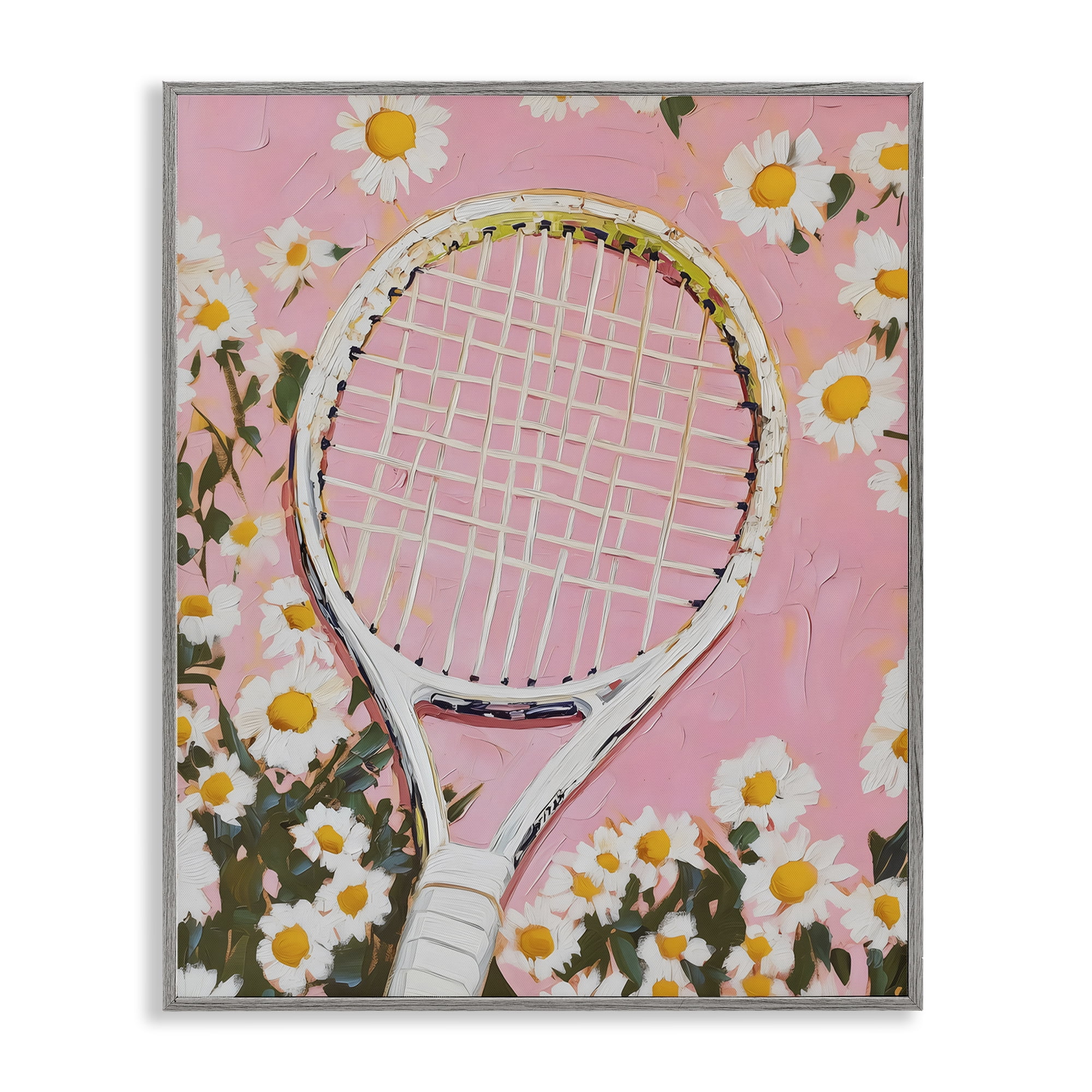 Stupell Industries Pink Tennis Racket & Daisies Gray Framed Giclee Art, design by LSR Design Studio
