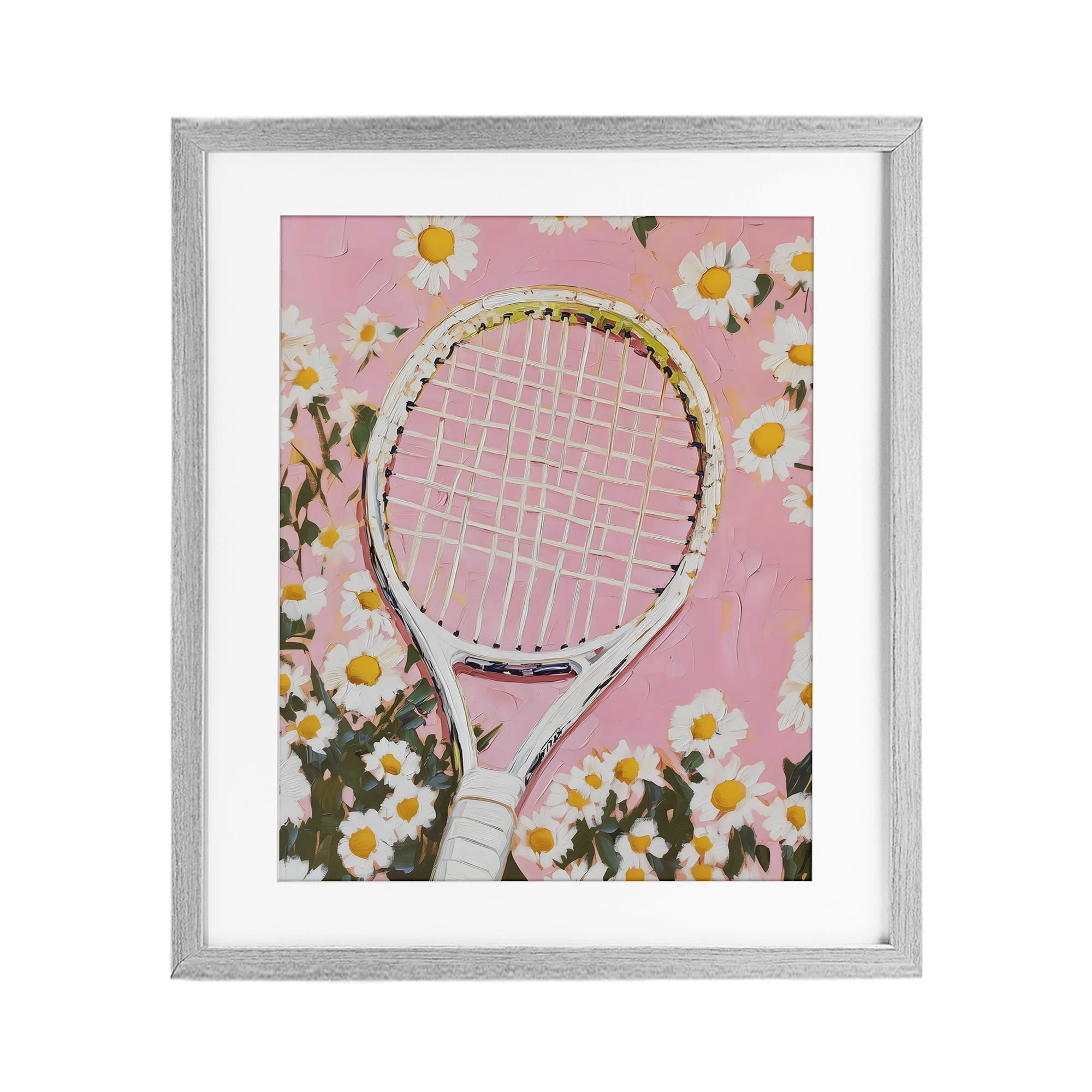Stupell Industries Pink Tennis Racket & Daisies Gray Framed Print Under Glass, design by LSR Design Studio