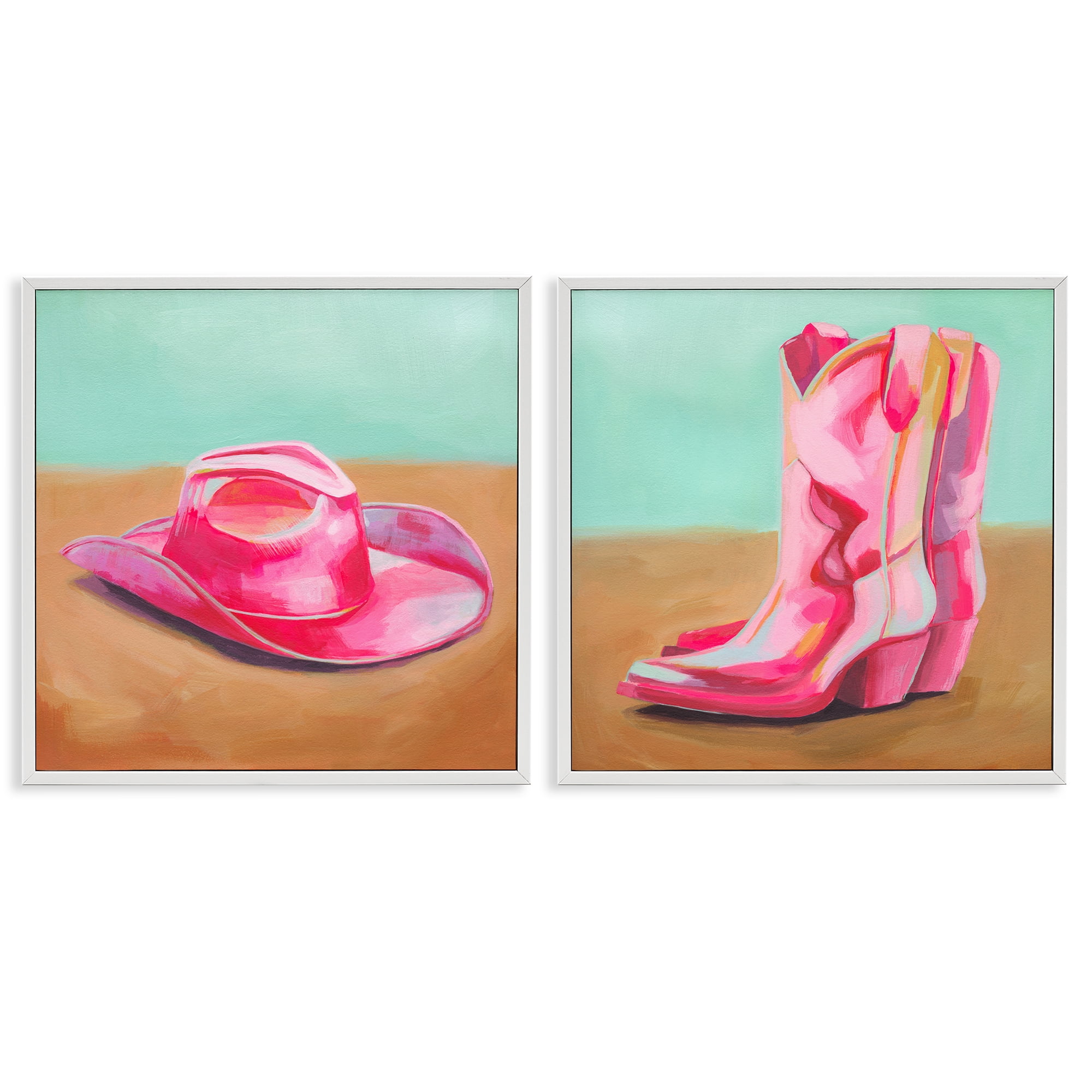 Stupell Industries Pink Theme Cowgirl Fashion Entertainment Painting White Framed Art Print Wall Art, 24 x 24, Set of 2