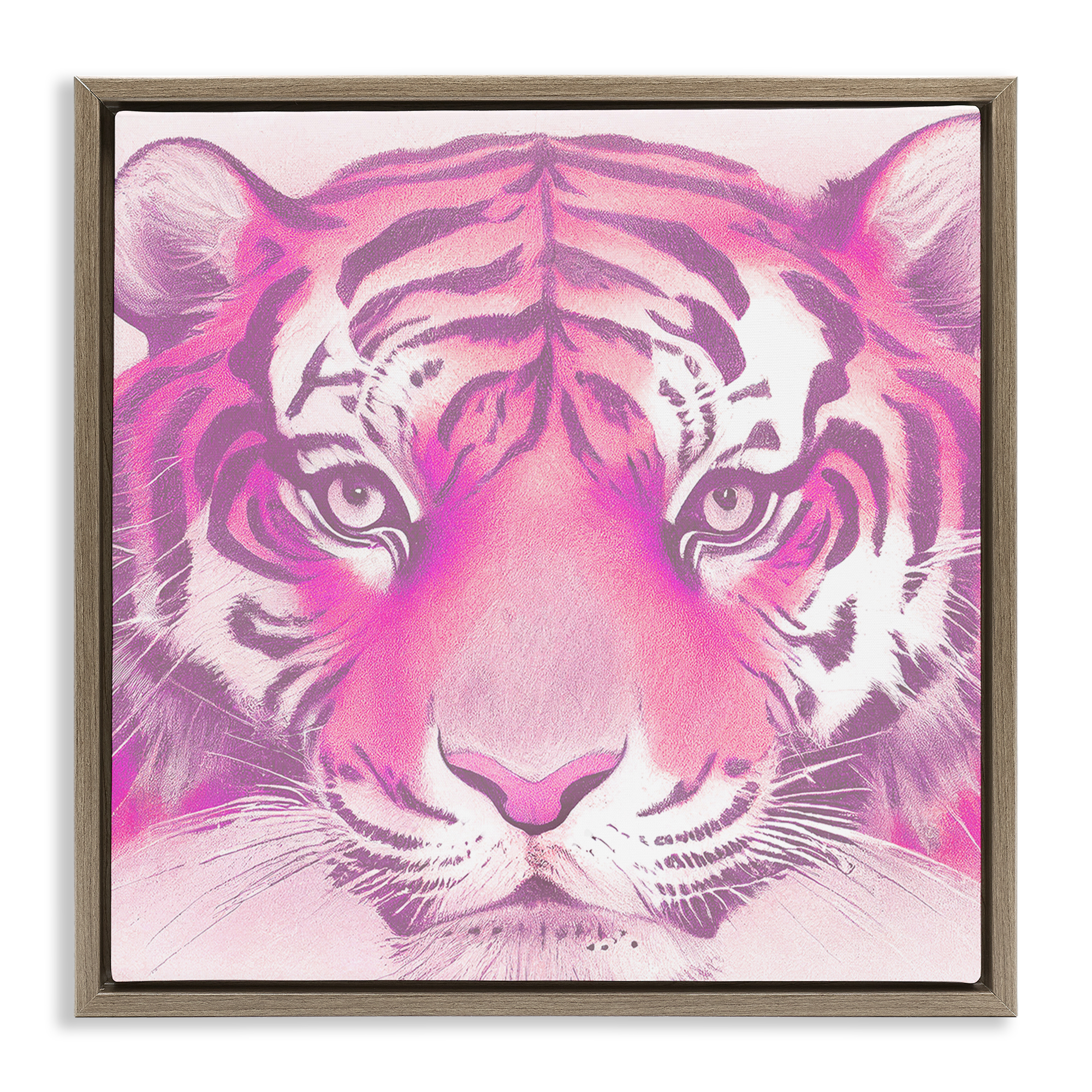 Stupell Industries Pink Tiger Face Animals Painting Brown Floater Framed Canvas Art Print Wall Art, 18 x 18