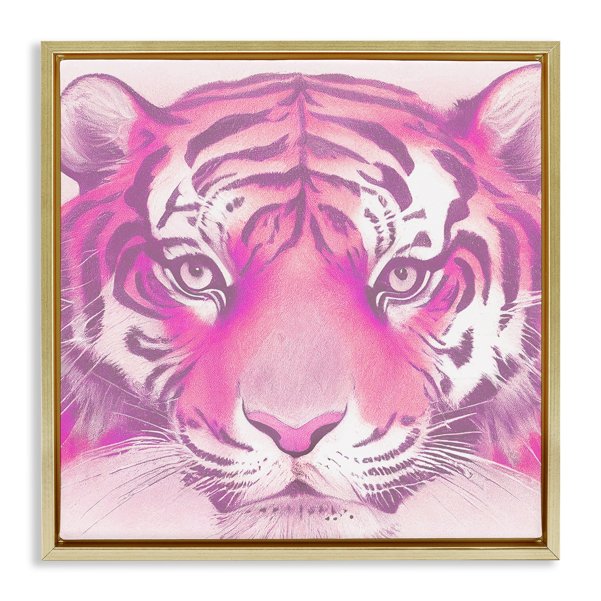 Stupell Industries Pink Tiger Face Animals Painting Gold Floater Framed Canvas Art Print Wall Art, 25 x 25