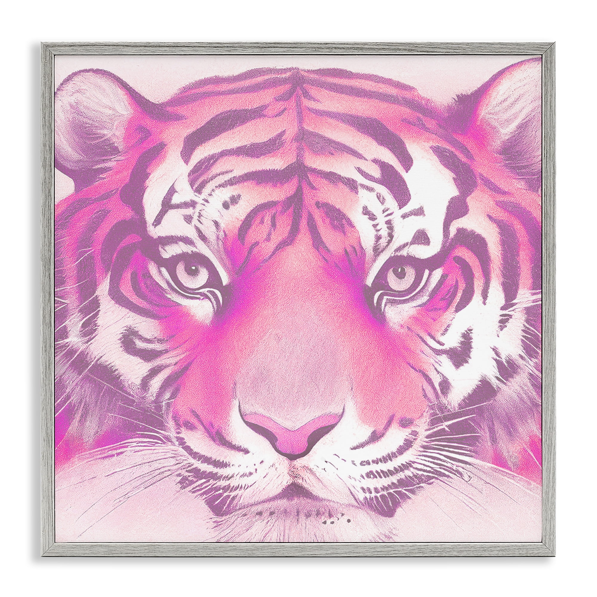 Stupell Industries Pink Tiger Face Animals Painting Gray Framed Art Print Wall Art, 17 x 17