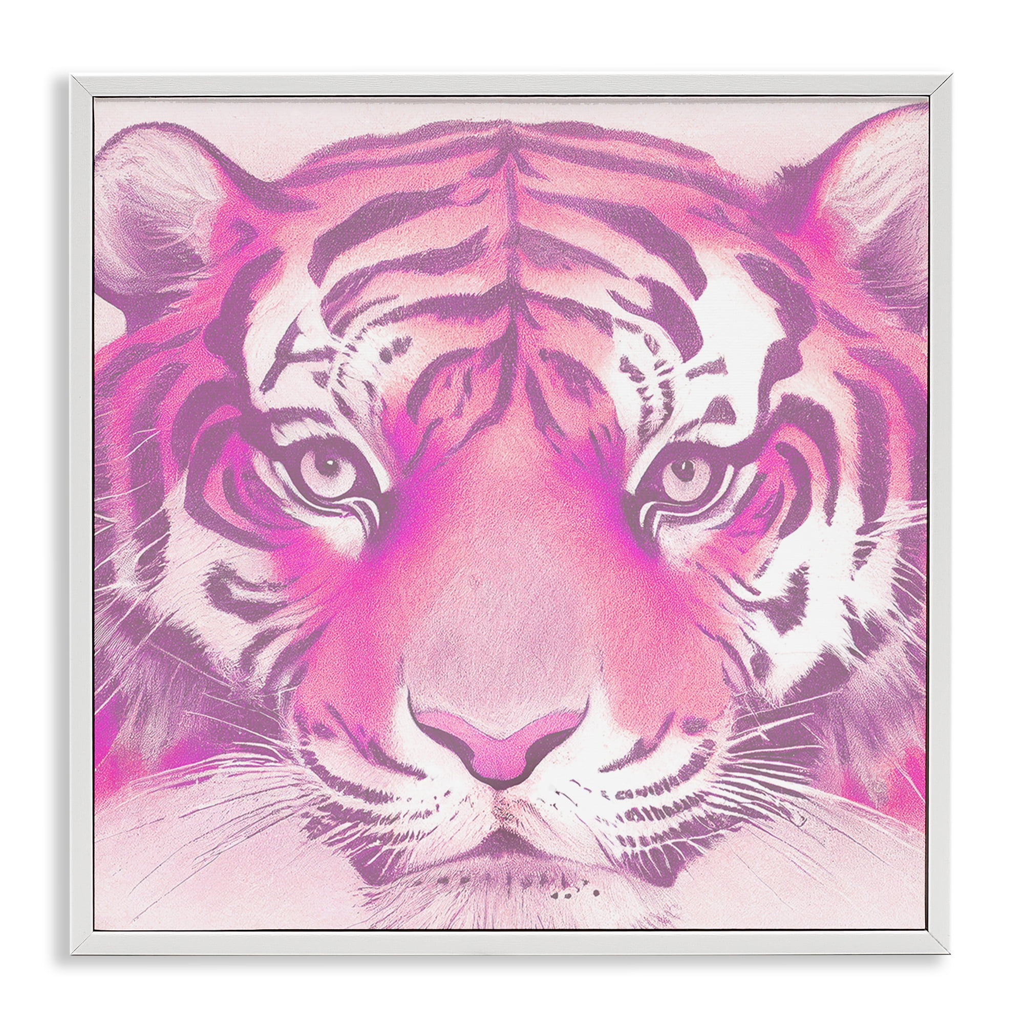 Stupell Industries Pink Tiger Face Animals Painting White Framed Art Print Wall Art, 12 x 12