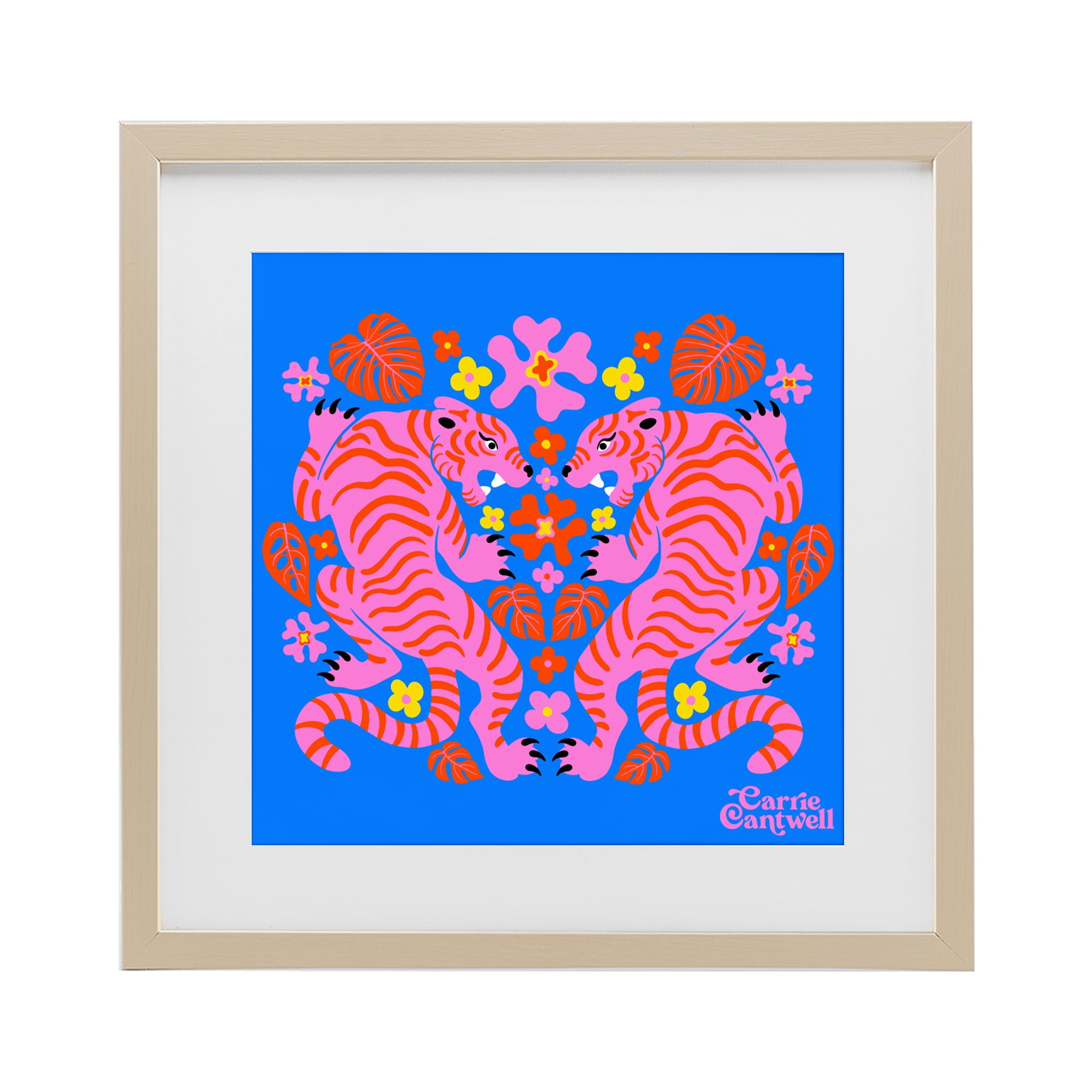 Stupell Industries Pink Tigers and Monstera Birch Framed Print Under Glass, design by Carrie Cantwell