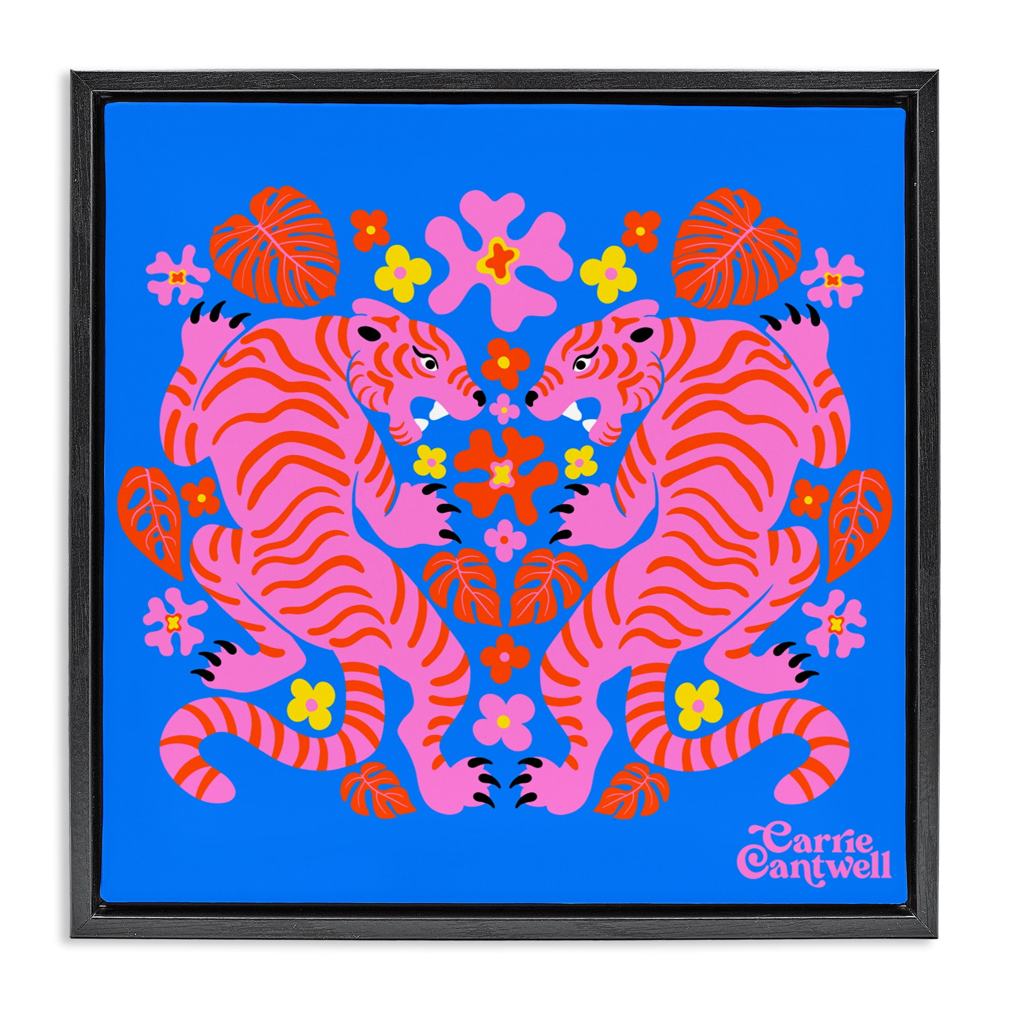 Stupell Industries Pink Tigers and Monstera Black Framed Floater Canvas Wall Art, design by Carrie Cantwell