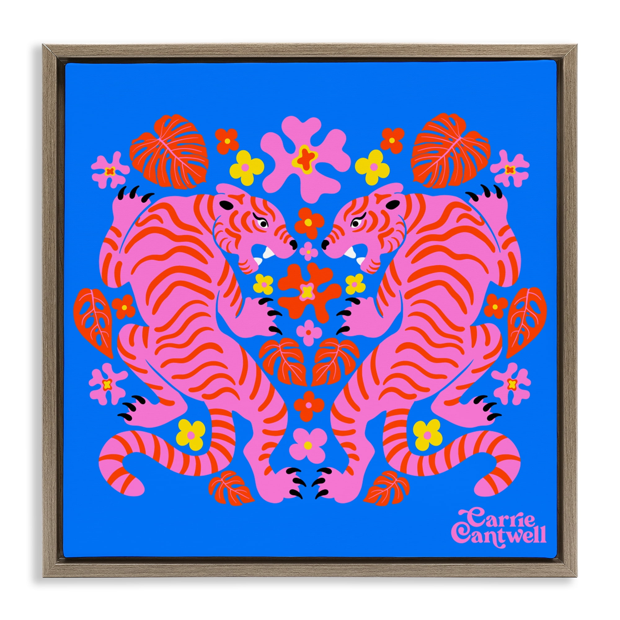 Stupell Industries Pink Tigers and Monstera Brown Framed Floater Canvas Wall Art, design by Carrie Cantwell