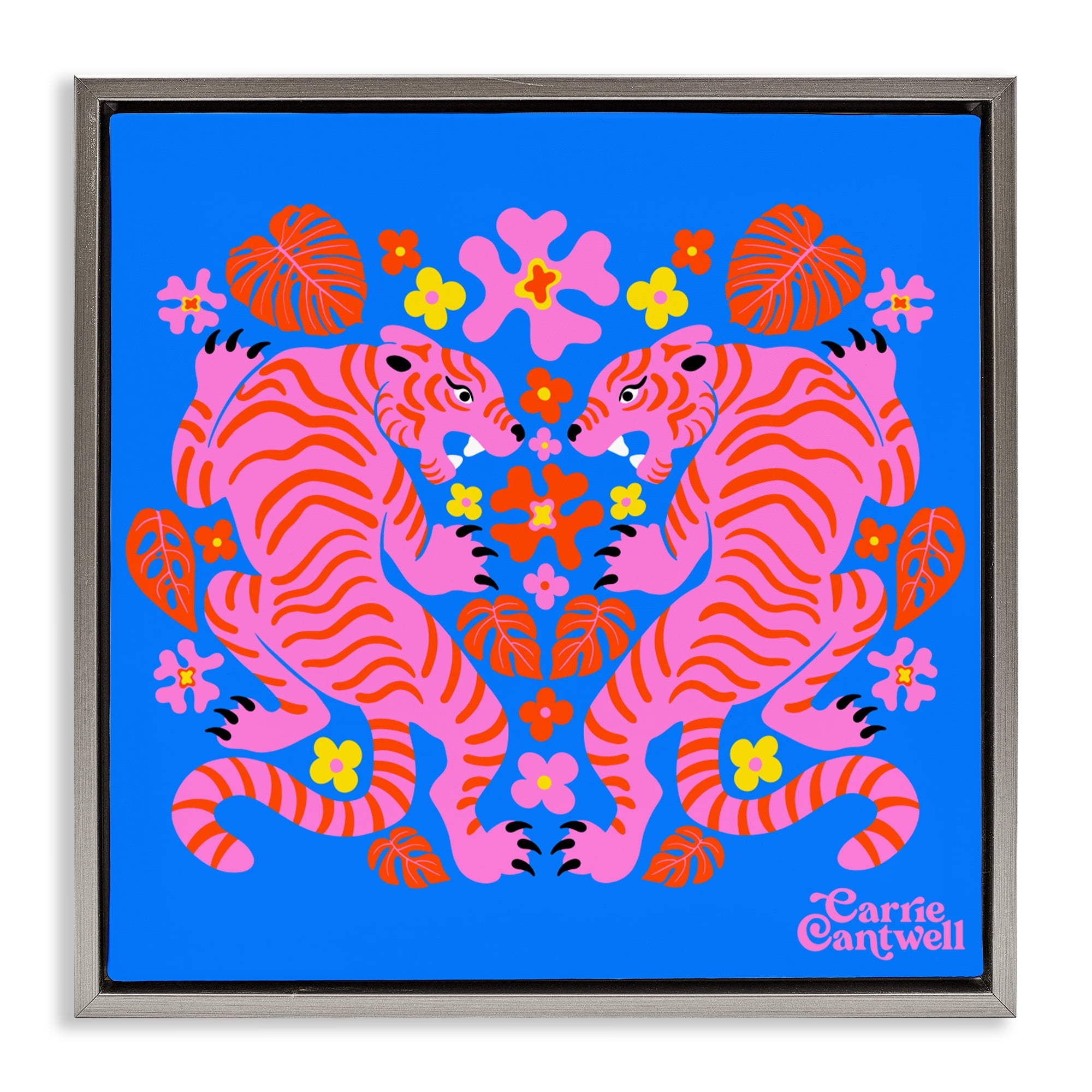 Stupell Industries Pink Tigers and Monstera Gray Framed Floater Canvas Wall Art, design by Carrie Cantwell