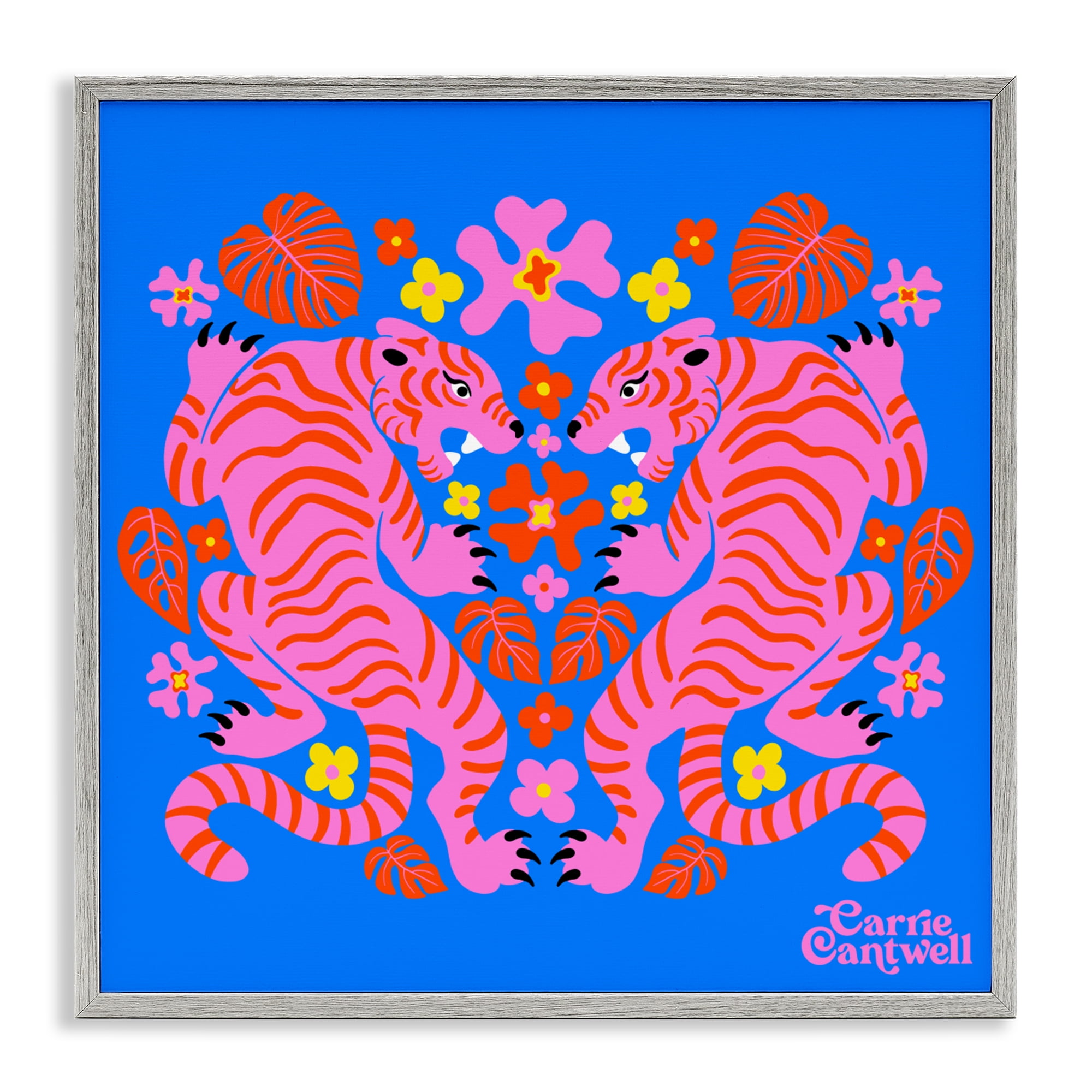 Stupell Industries Pink Tigers and Monstera Gray Framed Giclee Art, design by Carrie Cantwell