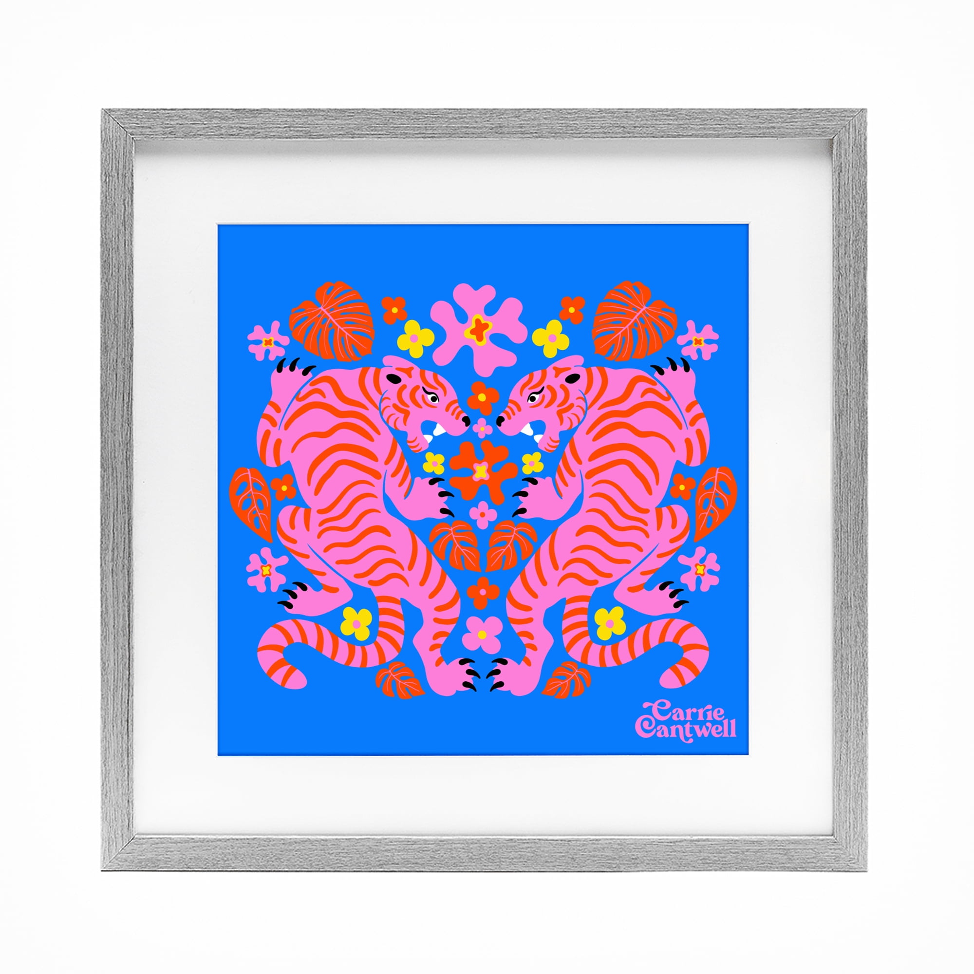 Stupell Industries Pink Tigers and Monstera Gray Framed Print Under Glass, design by Carrie Cantwell