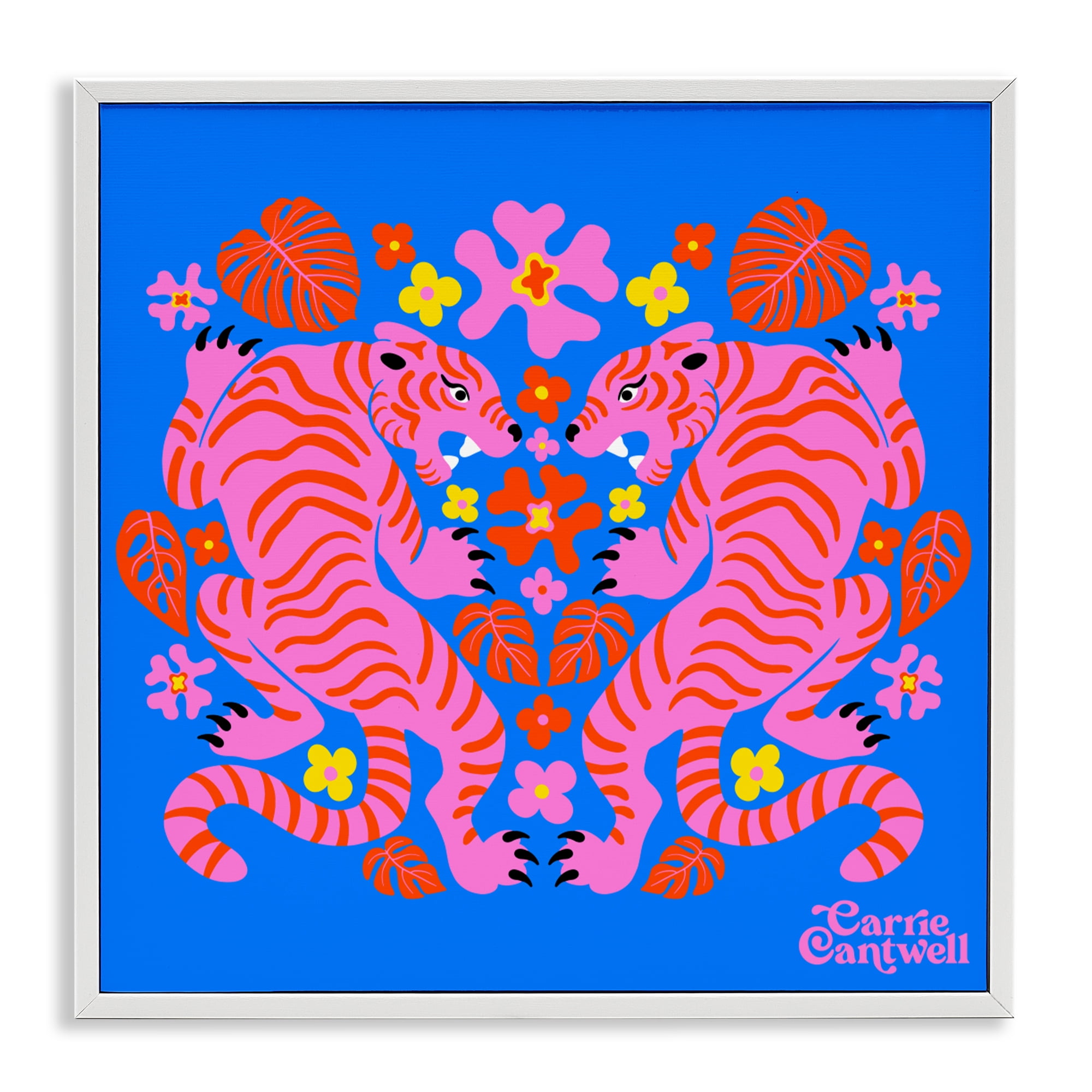 Stupell Industries Pink Tigers and Monstera White Framed Giclee Art, design by Carrie Cantwell