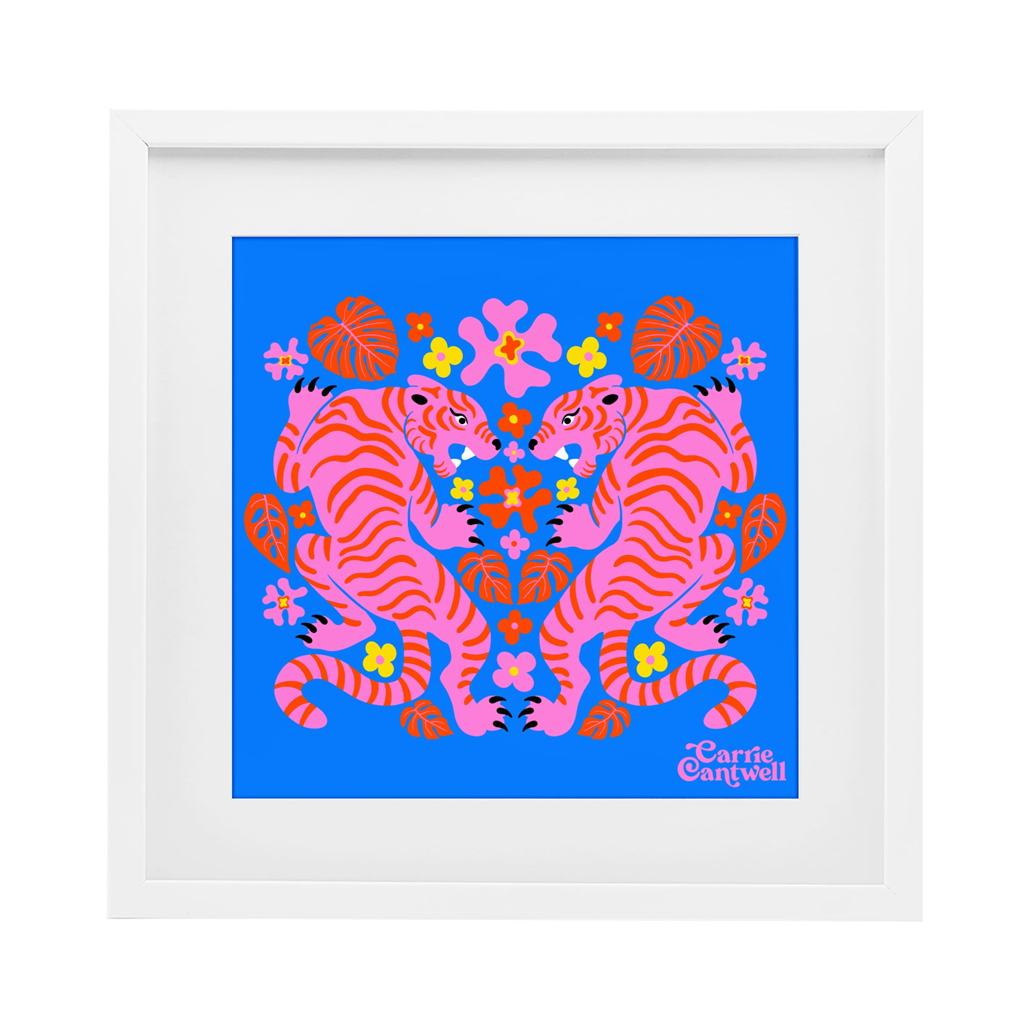 Stupell Industries Pink Tigers and Monstera White Framed Print Under Glass, design by Carrie Cantwell