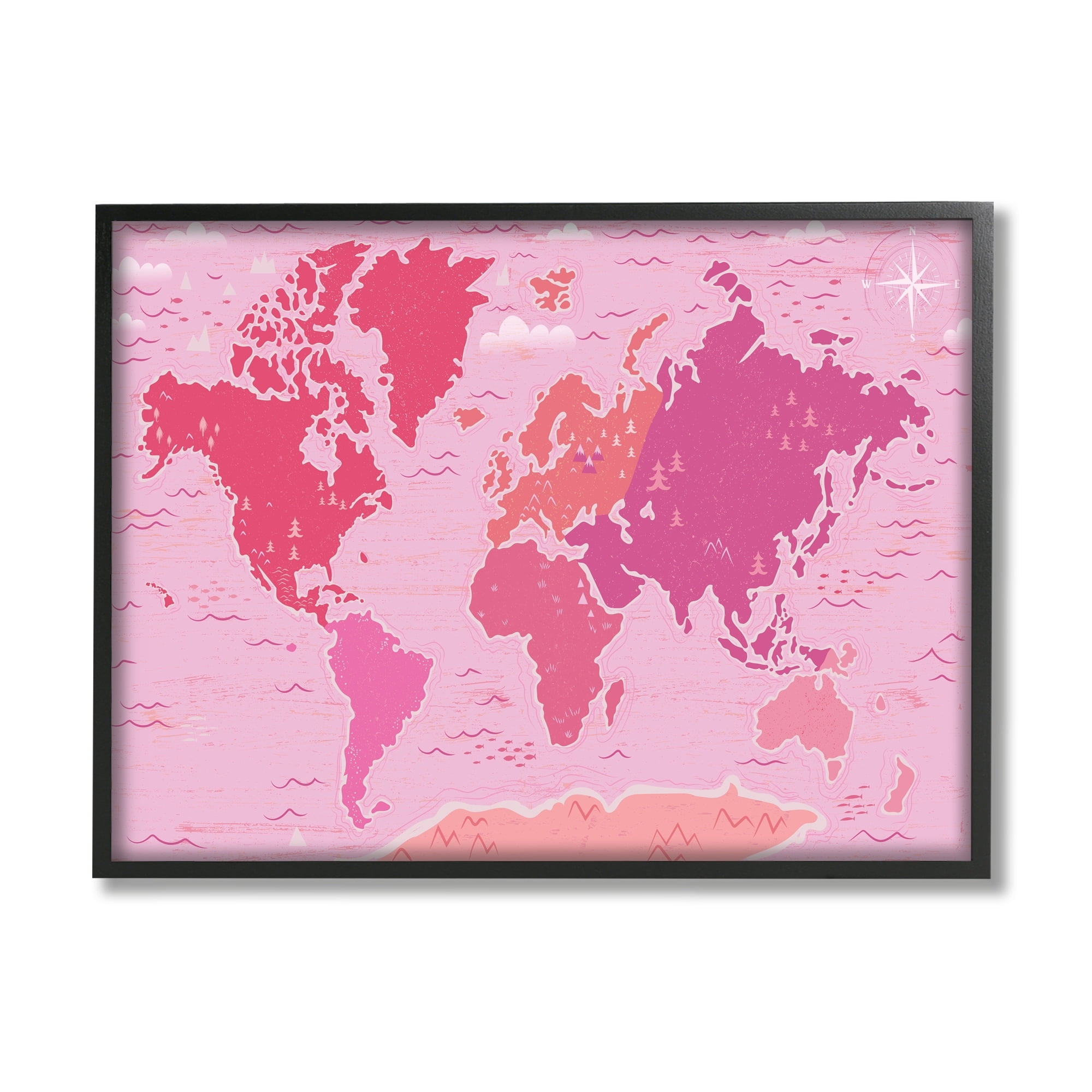 Stupell Industries Pink Tones World Map Atlas Countries Education Graphic Art Black Framed Art Print Wall Art, Design by Arrolynn Weiderhold