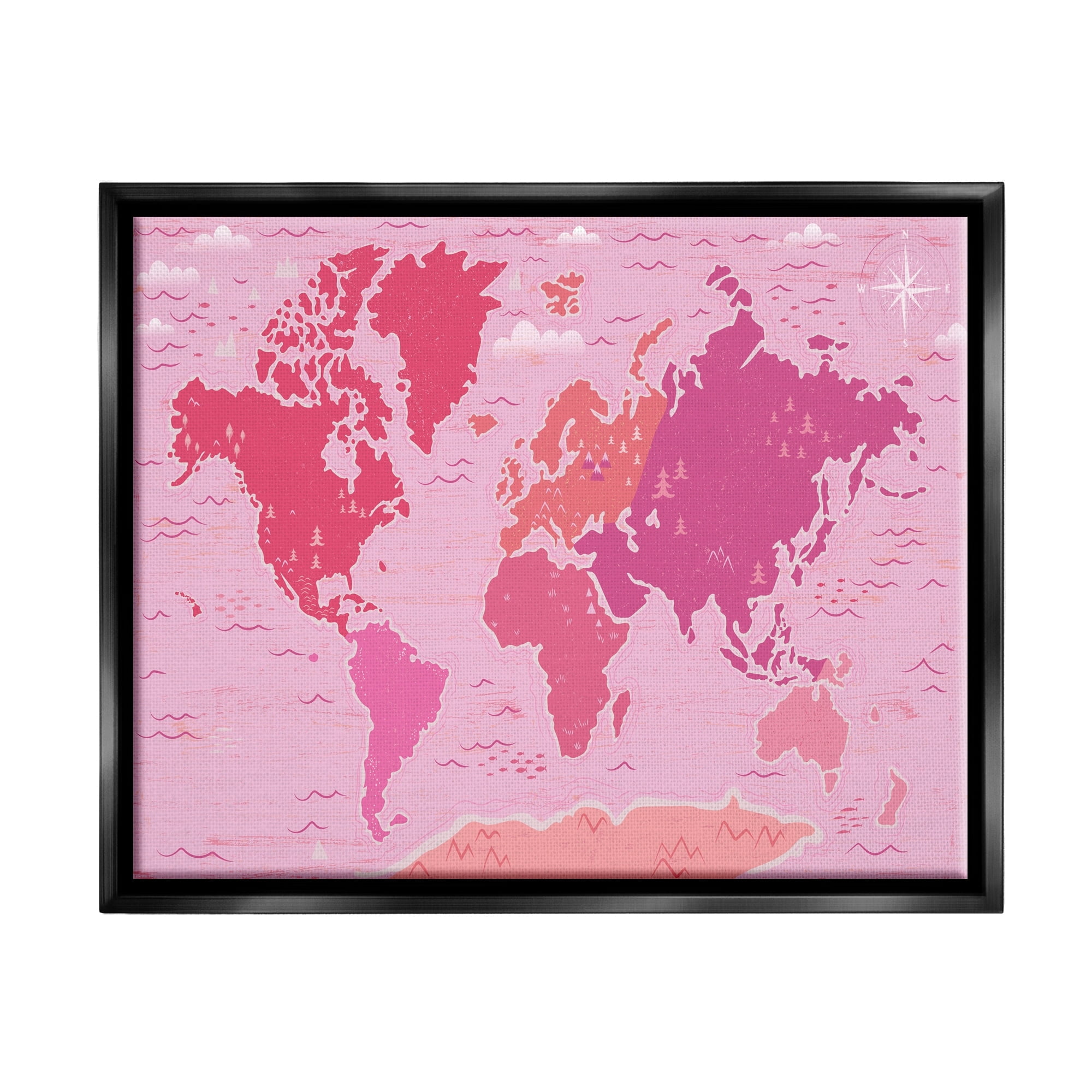 Stupell Industries Pink Tones World Map Atlas Countries Education Graphic Art Jet Black Floating Framed Canvas Print Wall Art, Design by Arrolynn Weiderhold