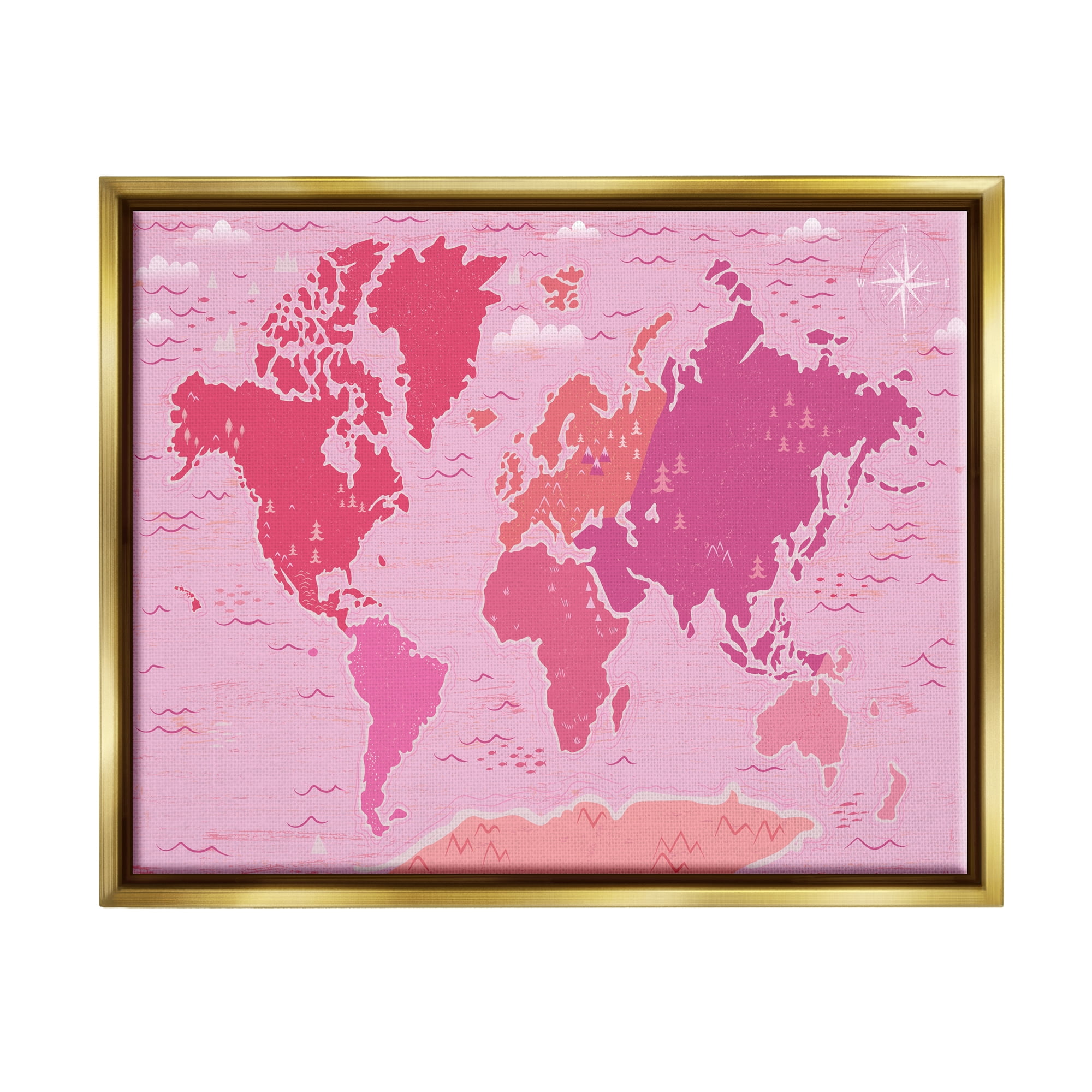 Stupell Industries Pink Tones World Map Atlas Countries Education Graphic Art Metallic Gold Floating Framed Canvas Print Wall Art, Design by Arrolynn Weiderhold