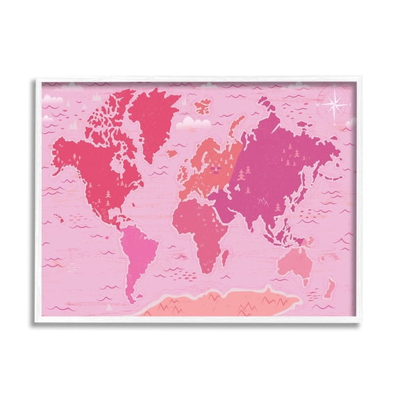 Stupell Industries Pink Tones World Map Atlas Countries Education Graphic Art White Framed Art Print Wall Art, Design by Arrolynn Weiderhold