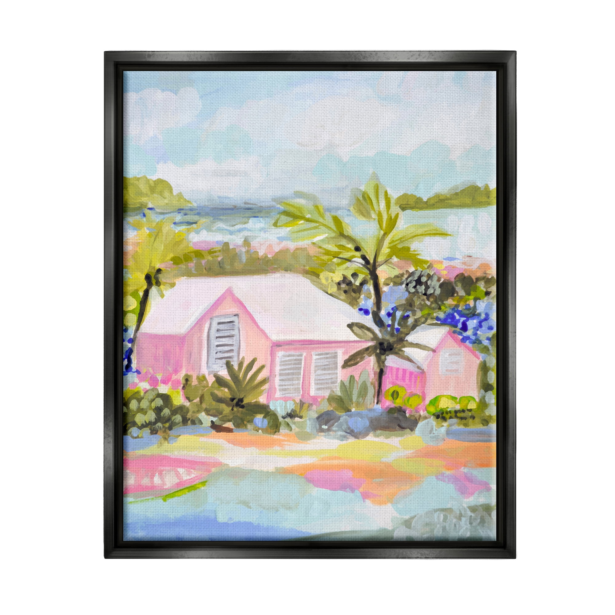 Stupell Industries Pink Tropical Cottage Landscape Painting Black Floater Framed Canvas Art Print Wall Art, 17 x 21