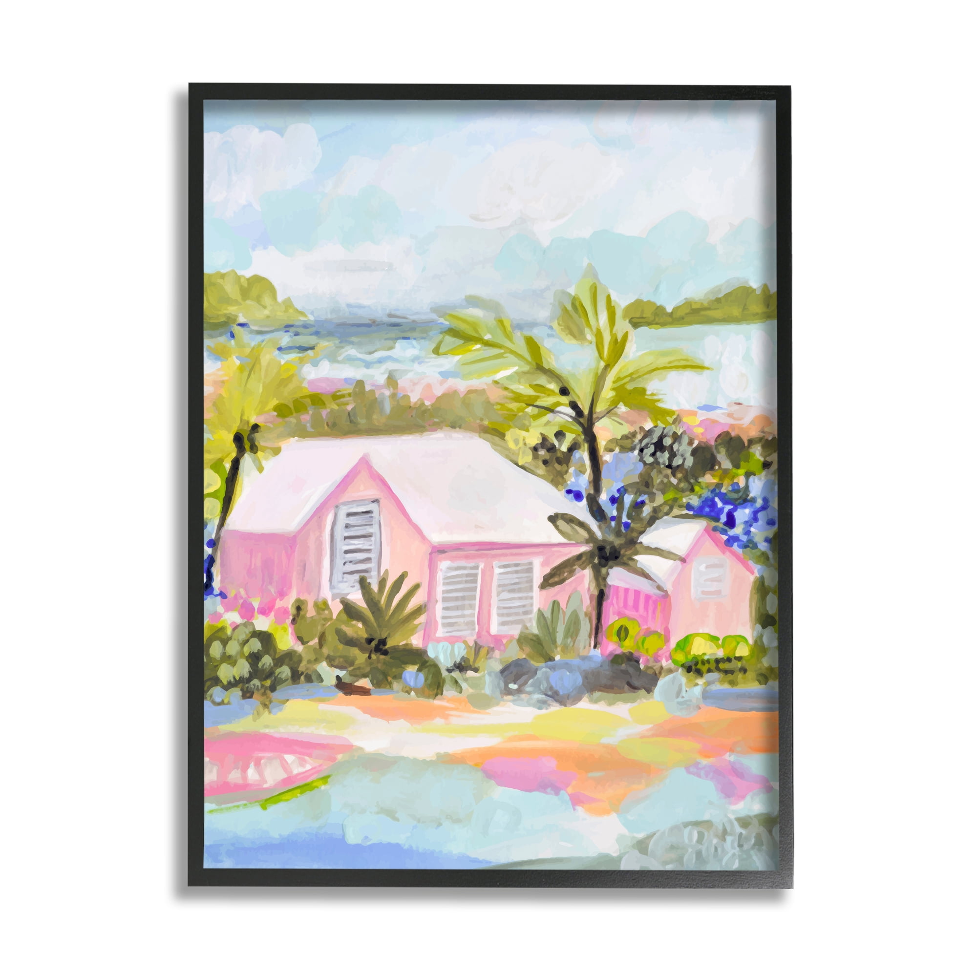 Stupell Industries Pink Tropical Cottage Landscape Painting Black Framed Art Print Wall Art, 24 x 30