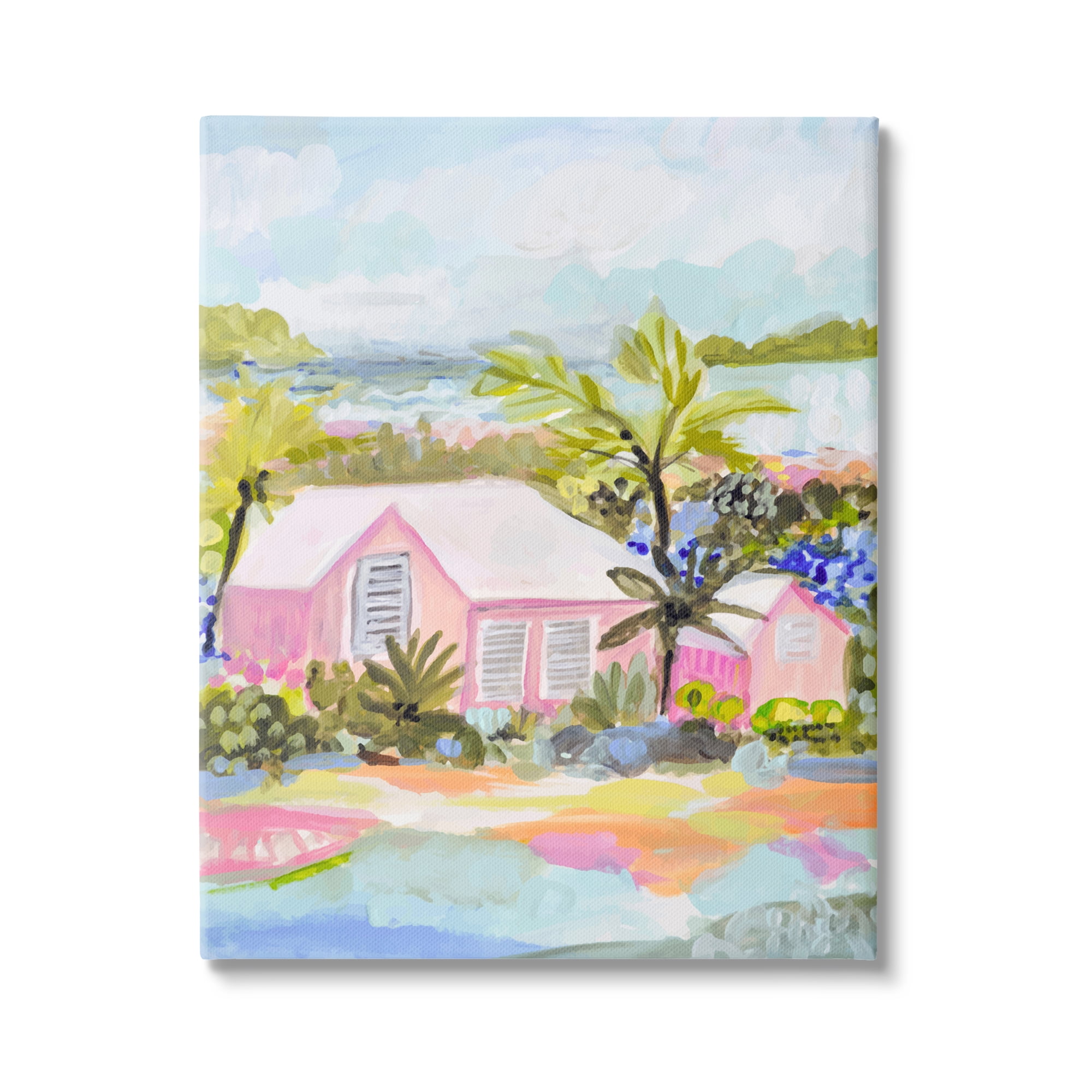 Pink Tropical Cottage Landscape Canvas Wall Art with Wooden Frame
