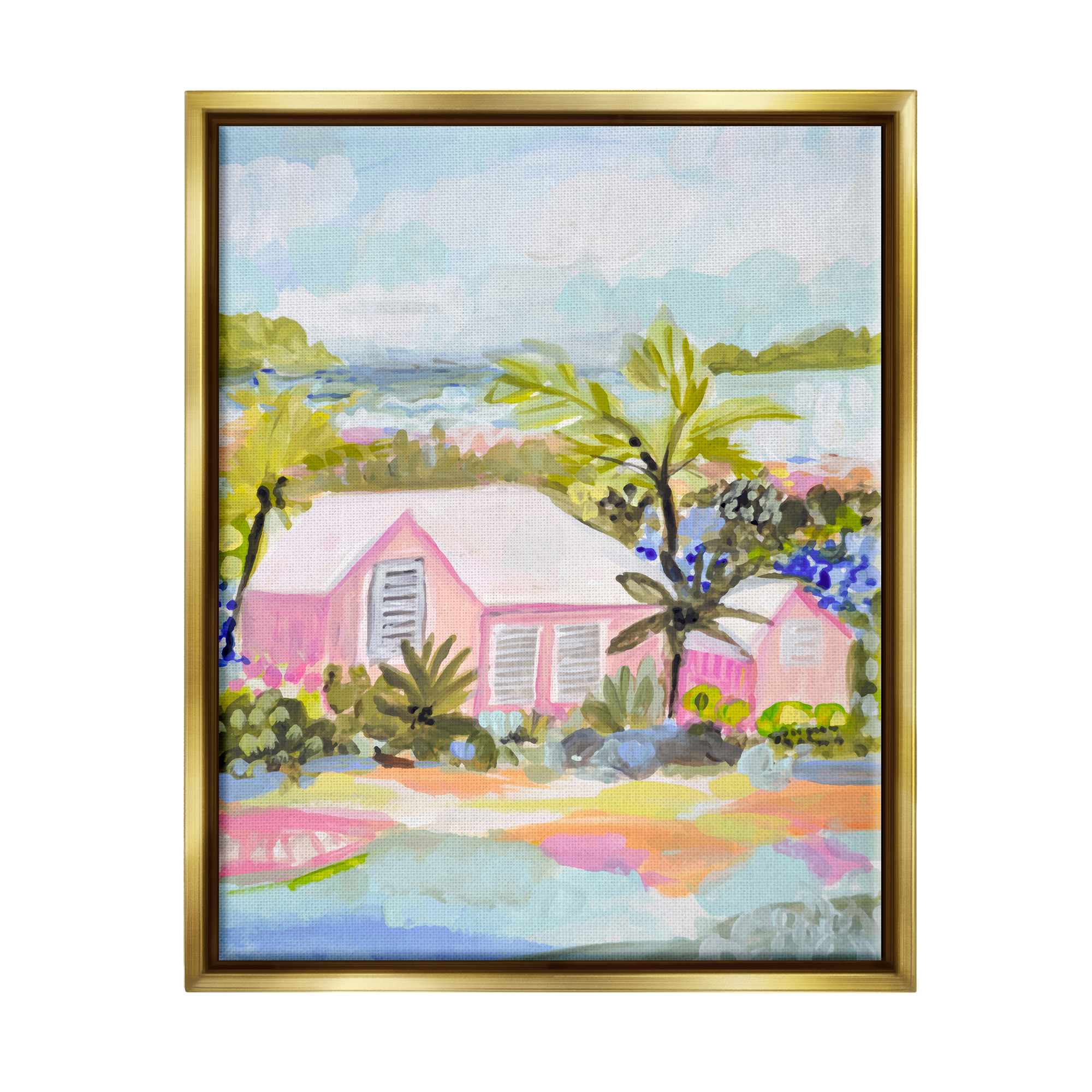Stupell Industries Pink Tropical Cottage Landscape Painting Gold Floater Framed Canvas Art Print Wall Art, 17 x 21